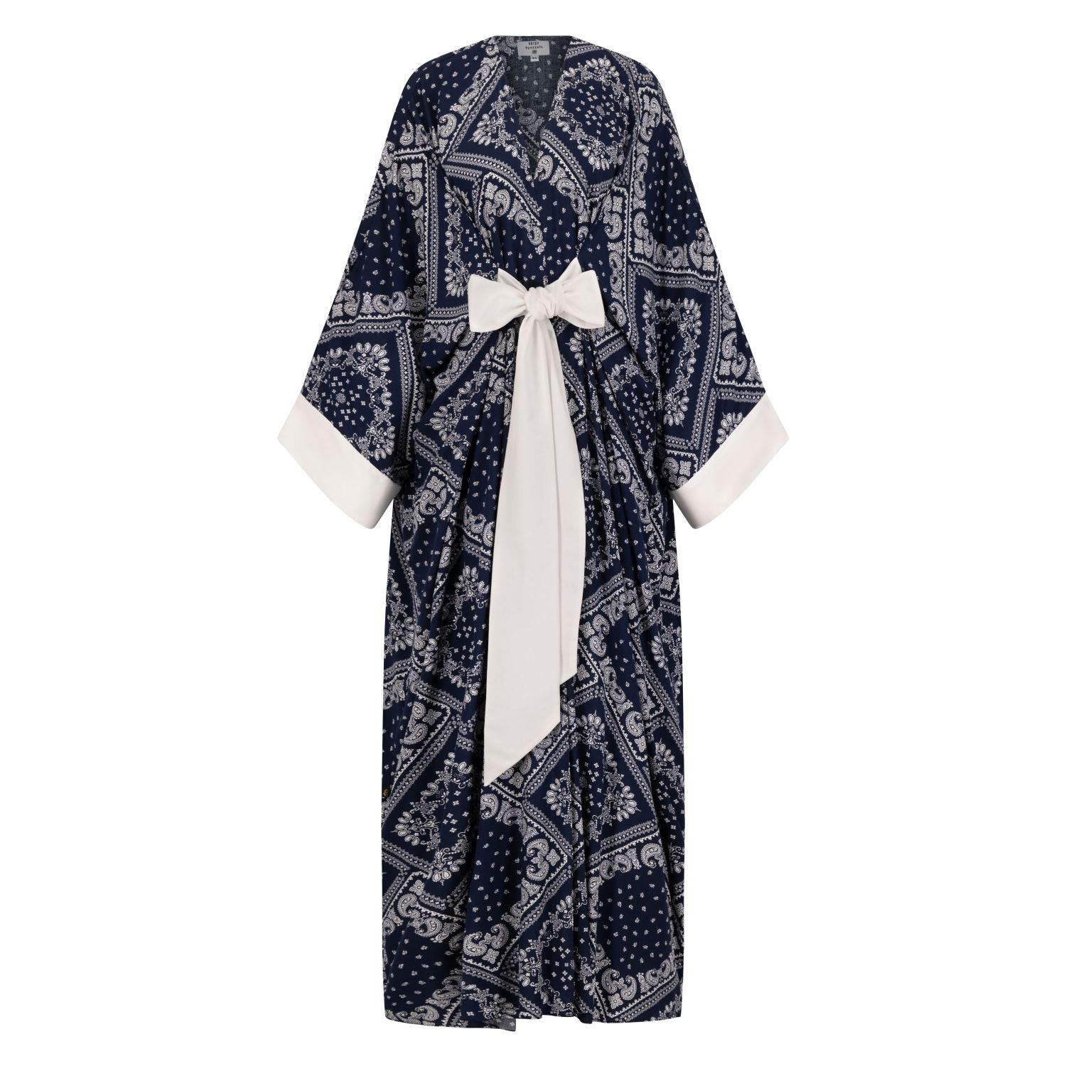 Azzalia Women's Blue Classic Abaya Cut With Belt In Printed Navy Paisley Rayon In Blue