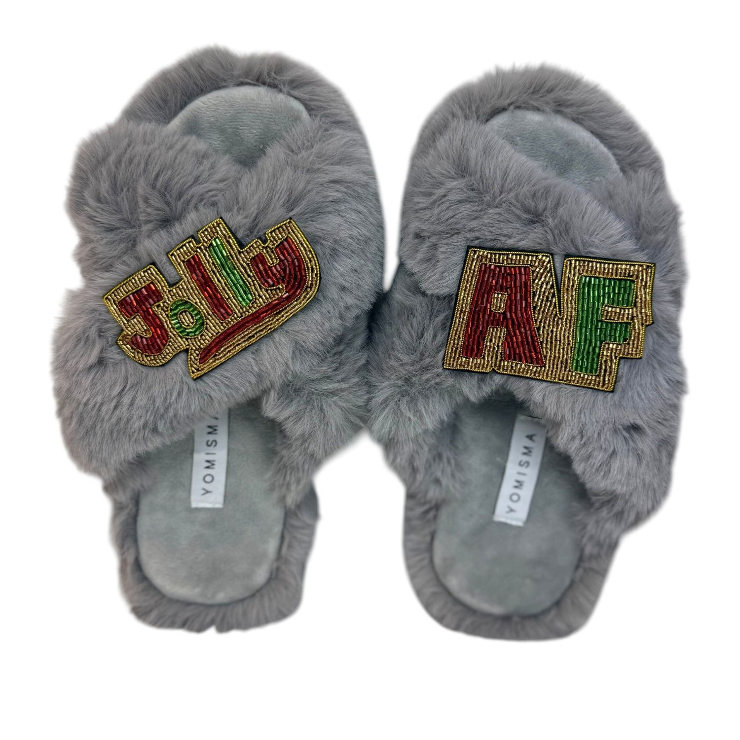 Yomisma Women's Grey / Green / Red Holiday Slippers – Jolly + Af Hand Beaded Brooches - Grey In Multi