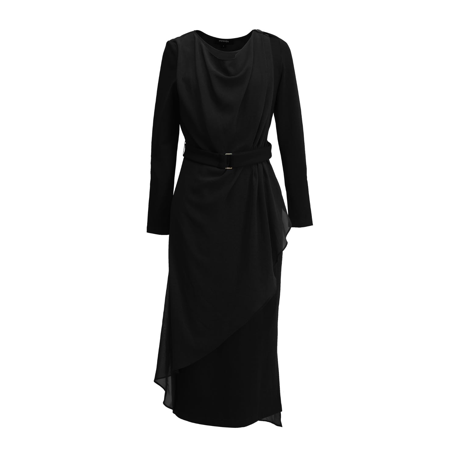 Women’s Asymmetrical Fitted Dress Mixing Chiffon And Jersey - Black Small Smart and Joy