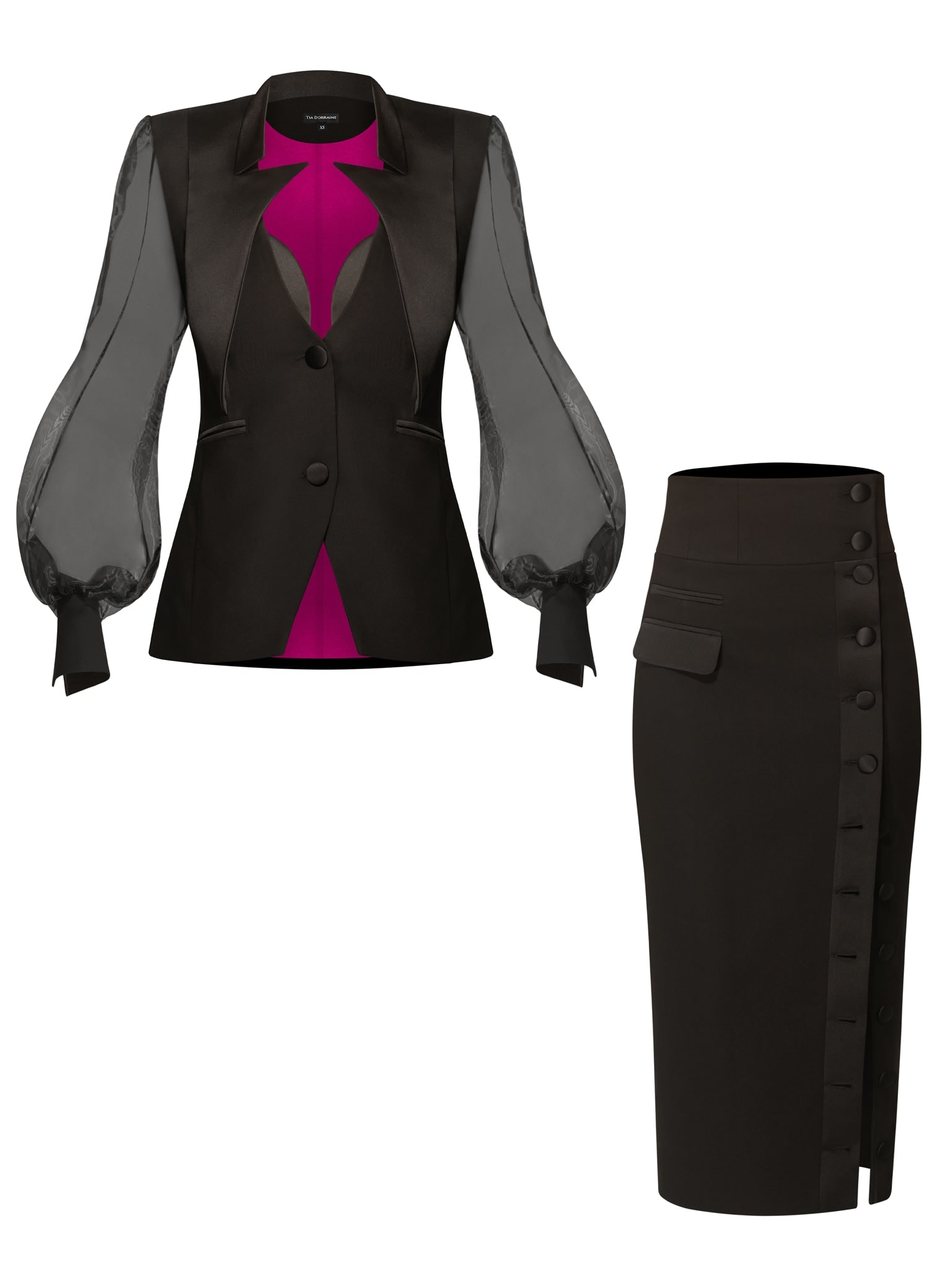 Tia Dorraine Black Femme Fatale Tailored Blazer With Organza Sleeves & Skirt Set