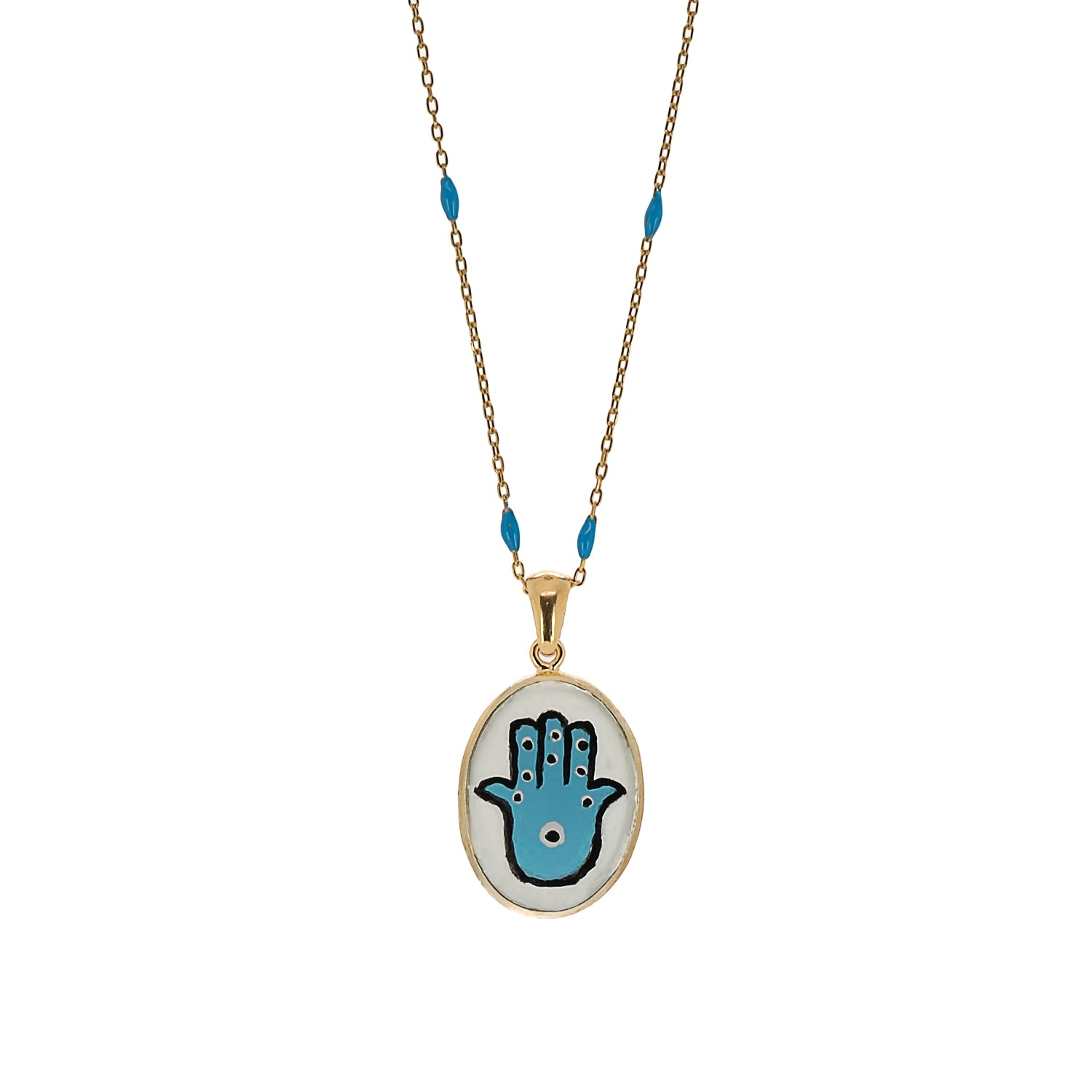 Women’s Blue / White / Gold Hamsa Good Fortune Turquoise & Gold Chain Necklace - Blue Ebru Jewelry