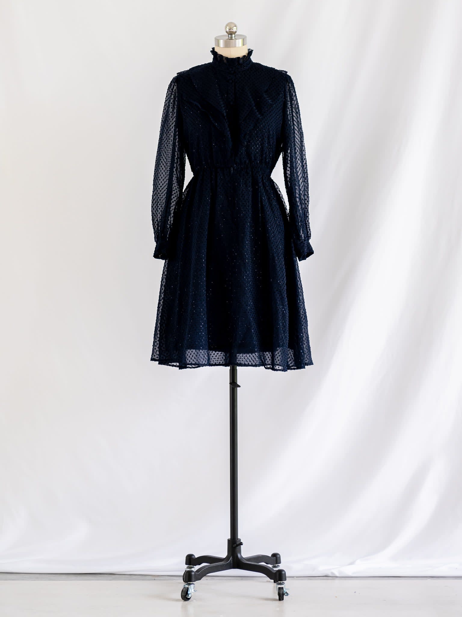 Vintage Chiffon Cuff Sleeved Navy Blue Midi Dress Sugar Cream