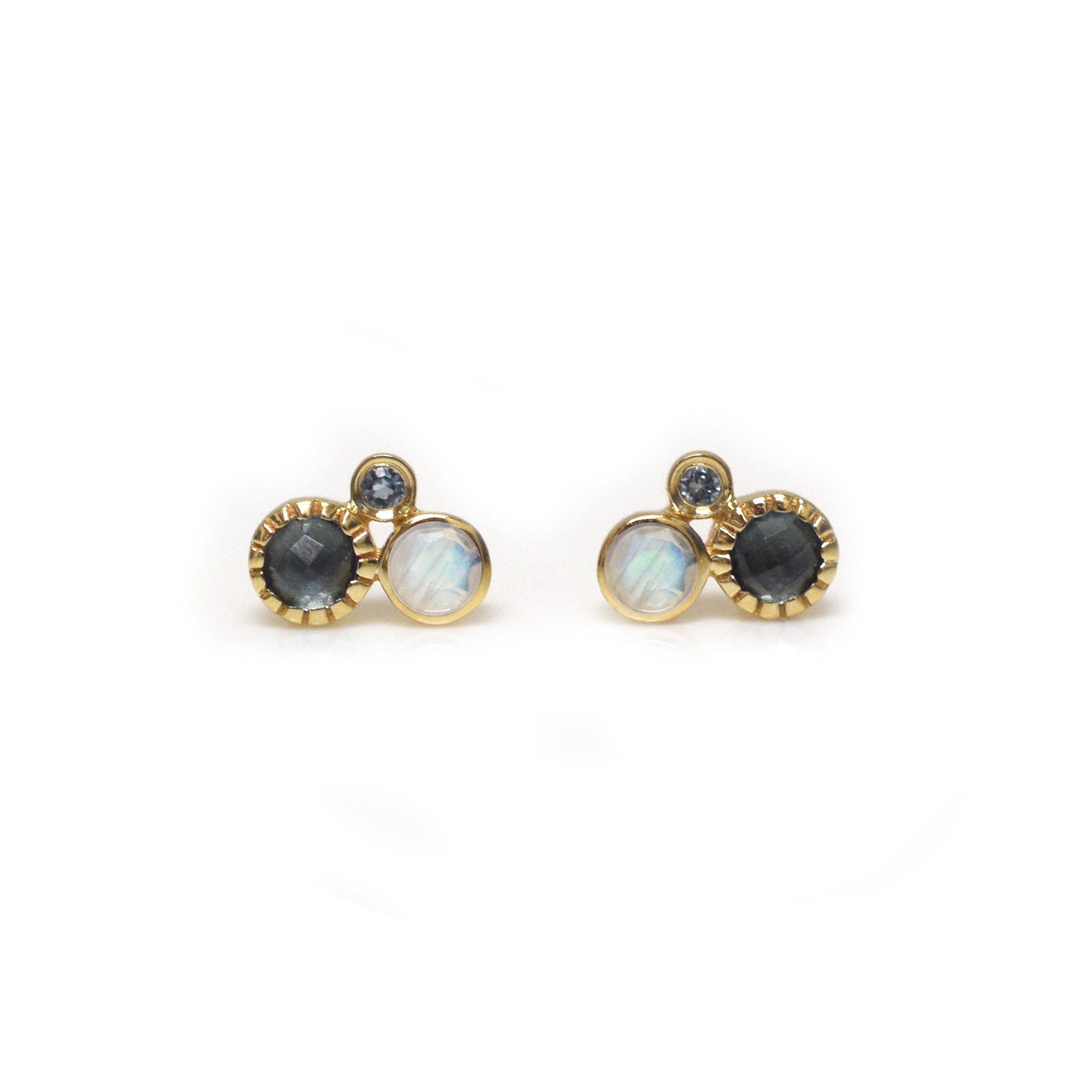 Women’s Solid Gold Rainbow Moonstone, London Blue Topaz & Aquamarine Cluster Studs La Kaiser