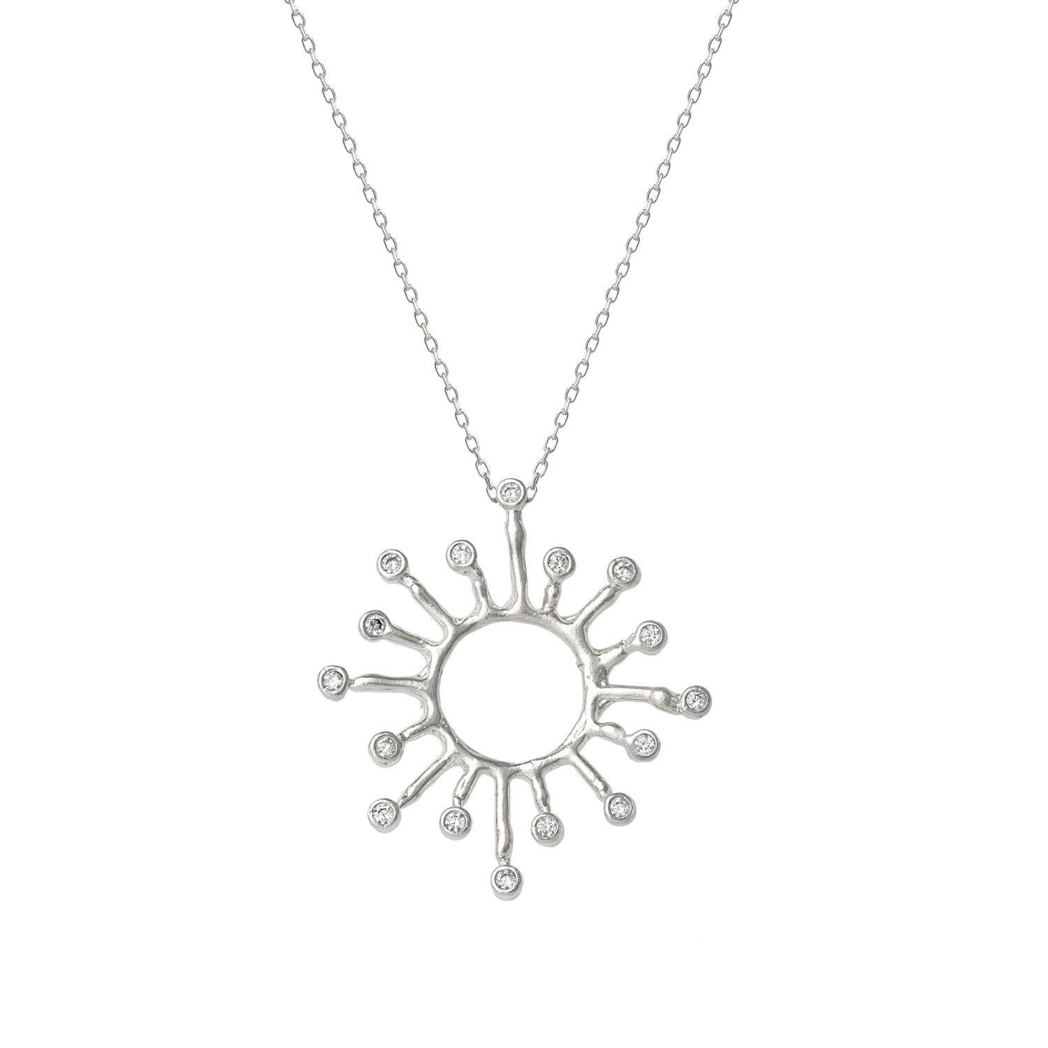 Spero London Women's Sun Sunburst Large High Quality Crown Natural Textured Molten Sterling Silver Pendant Neckla In Silver