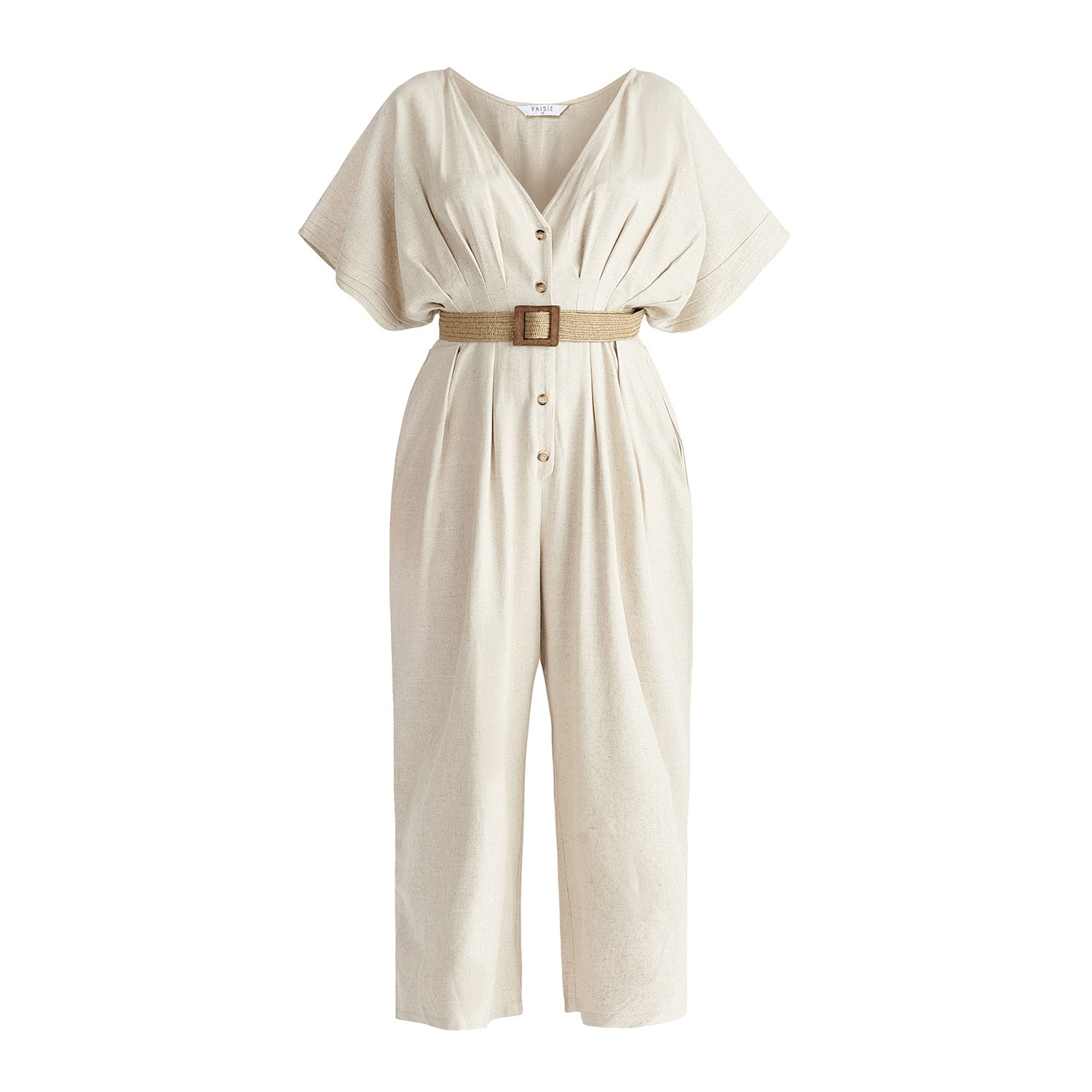 Paisie Women's Neutrals Linen Blend Button Jumpsuit In Oatmeal In Gold