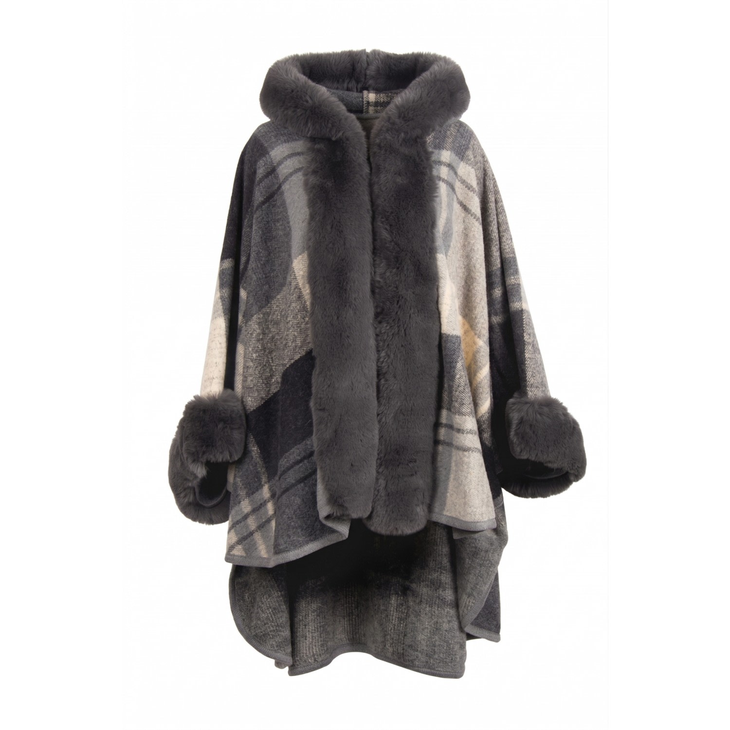 Women's Black Faux Fur Kimono Plaid | One Size | Saachi