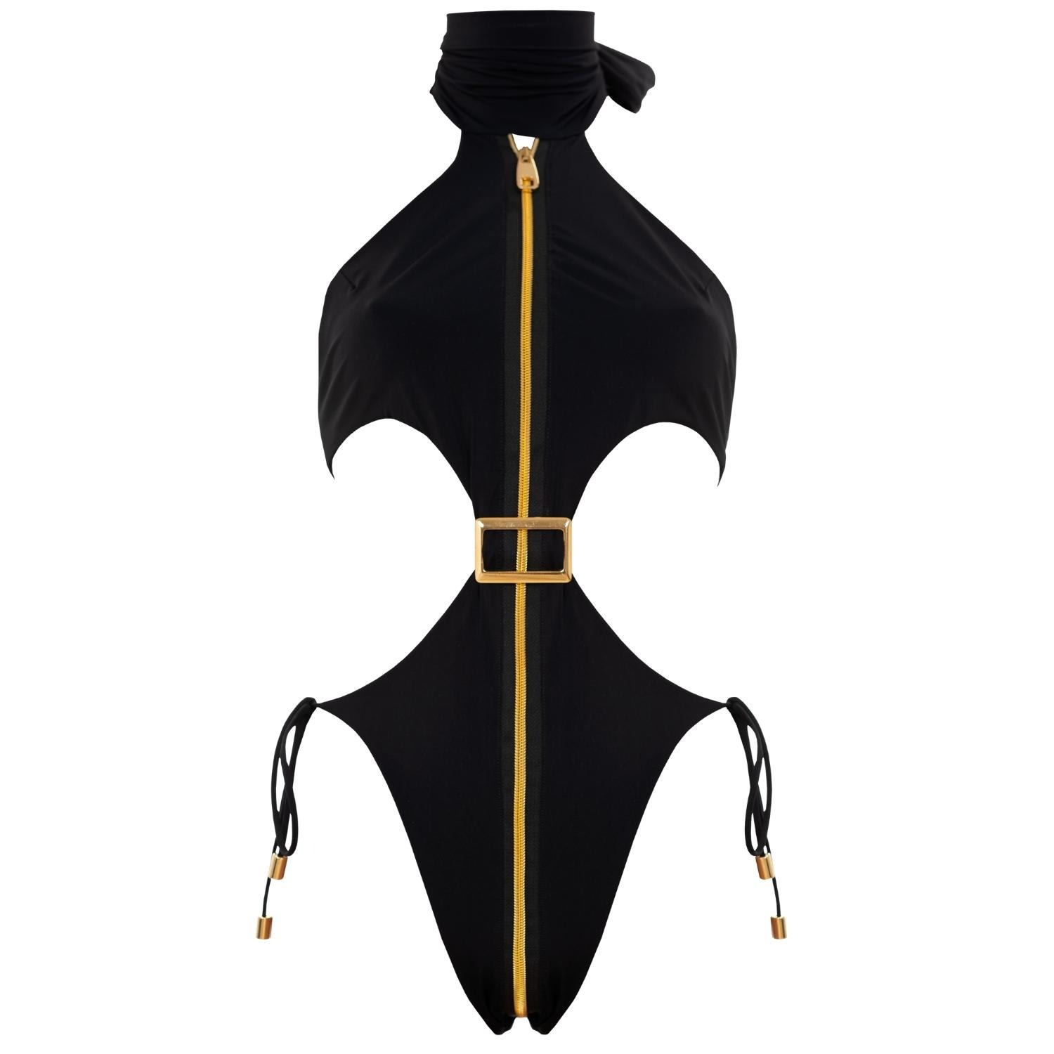 Women's Cynosure Cut-Out One-Piece Swimsuit With Gold Accents And Front Zip In Black | Large | Antoninias