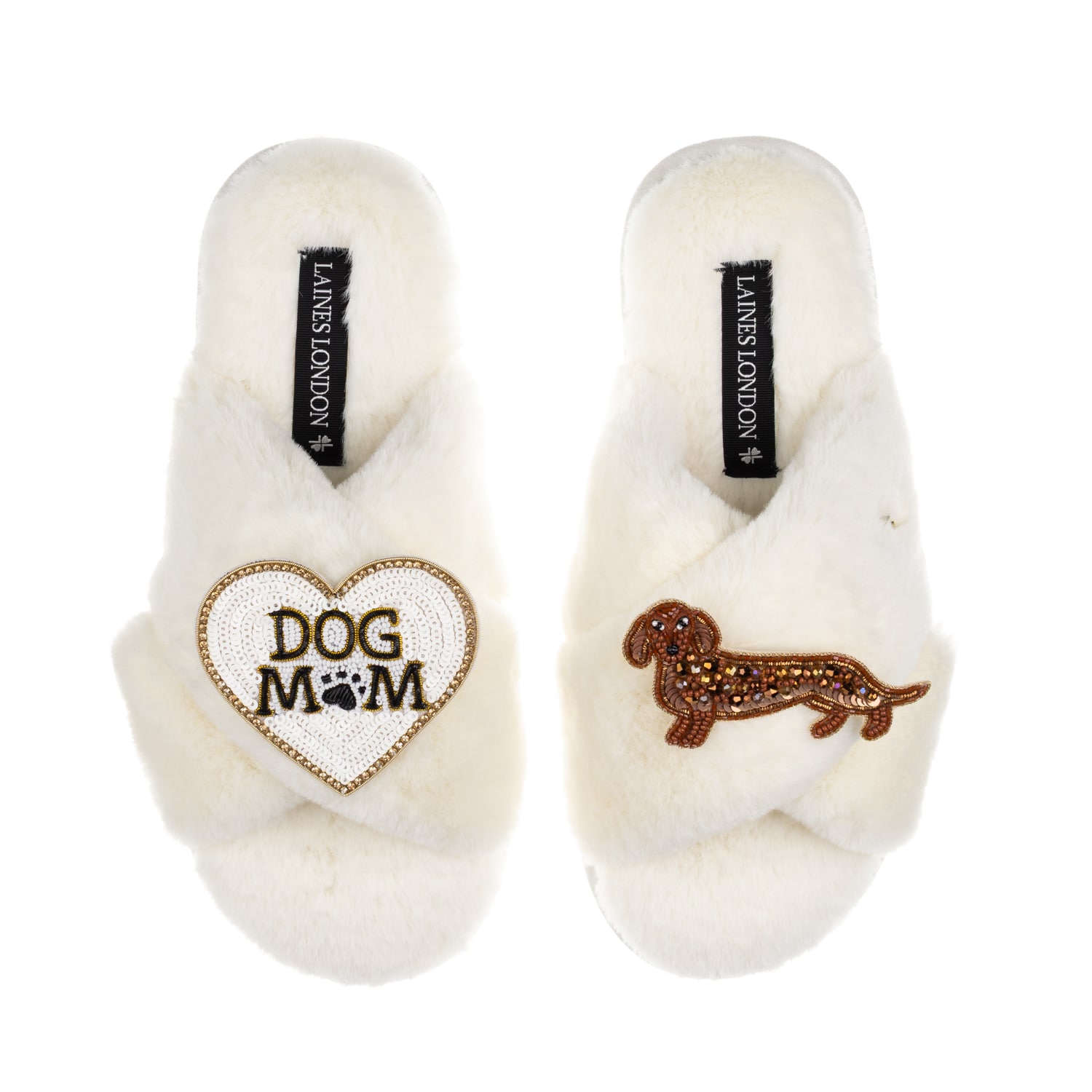 Laines London Women's White / Neutrals Classic Laines Slippers With Dog Mum/mom & Red Dachshund Brooches - Cream In Animal Print