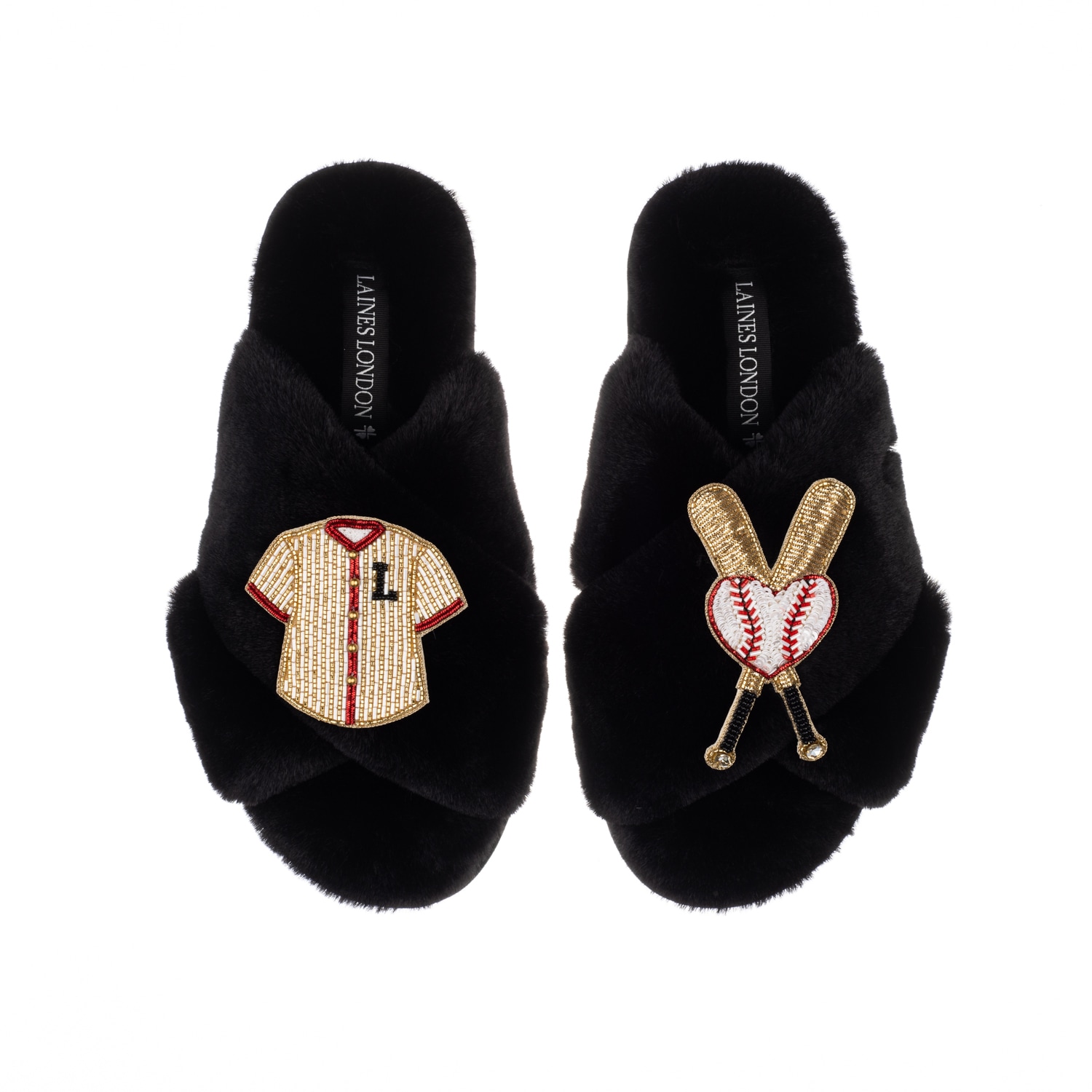 Laines London Women's Classic Laines Slippers With Baseball Lover Brooches - Black In Black