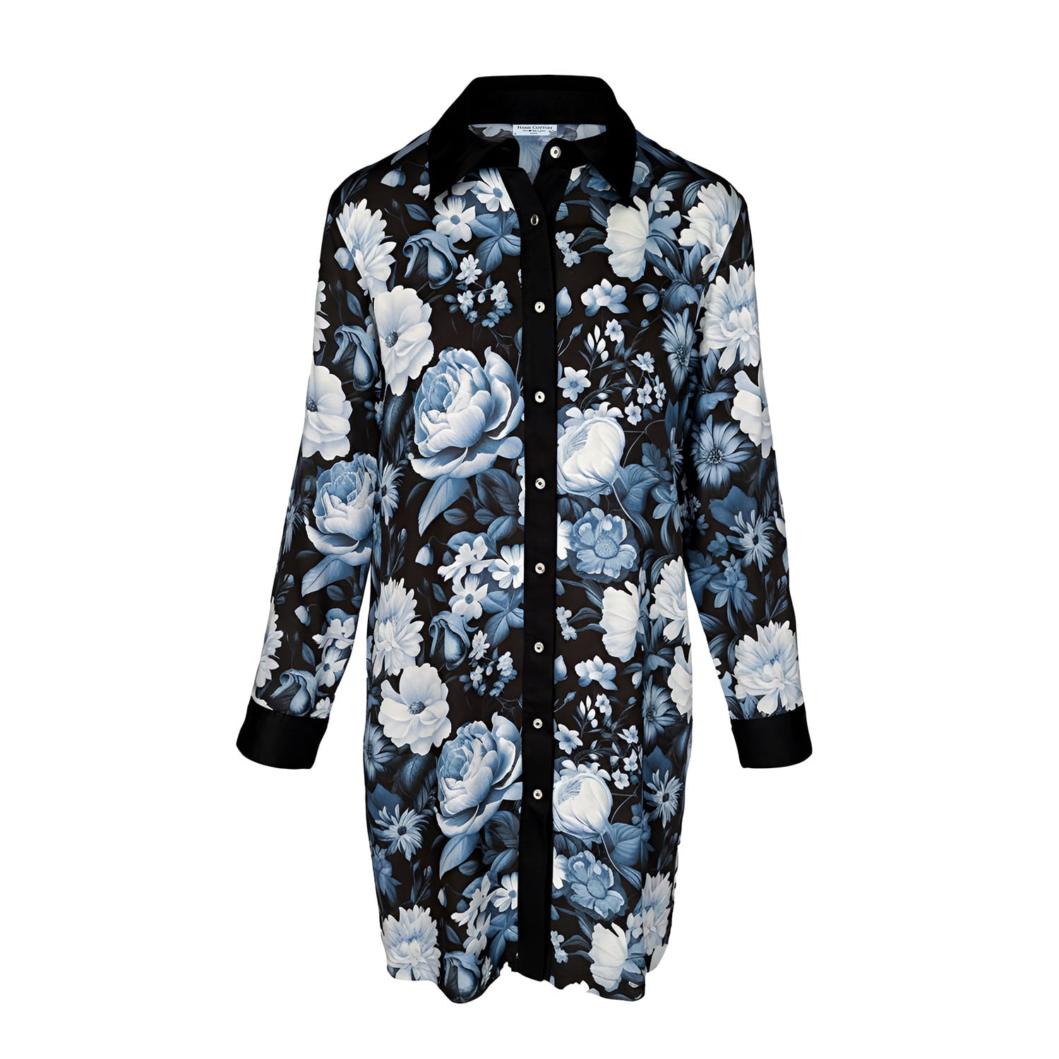 Haris Cotton Women's Blue Printed Satin Shirt Dress With Black Details Grey Garden In Multi