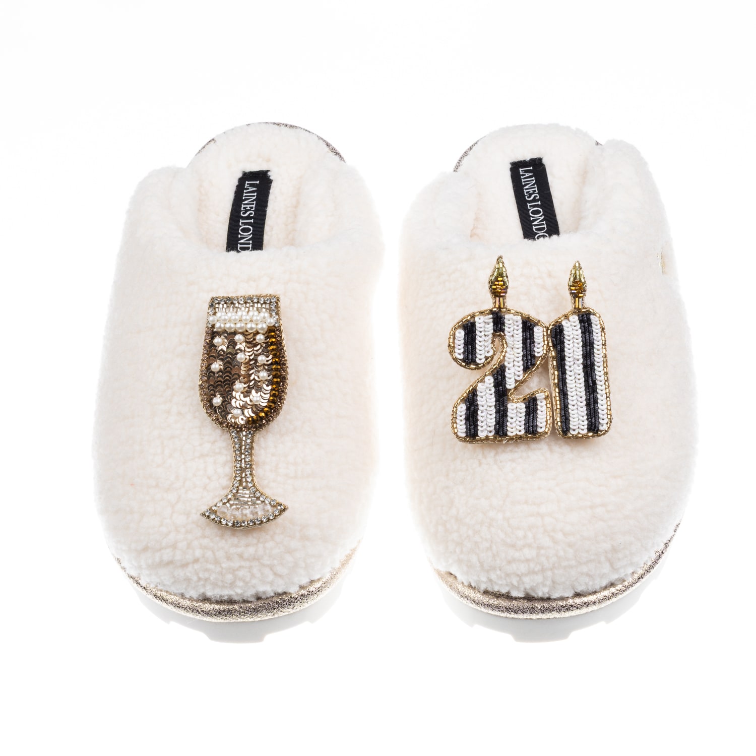 Laines London Women's White Teddy Closed Toe Slippers With Stripe 21st Birthday & Champagne Glass Brooches - Cream In White