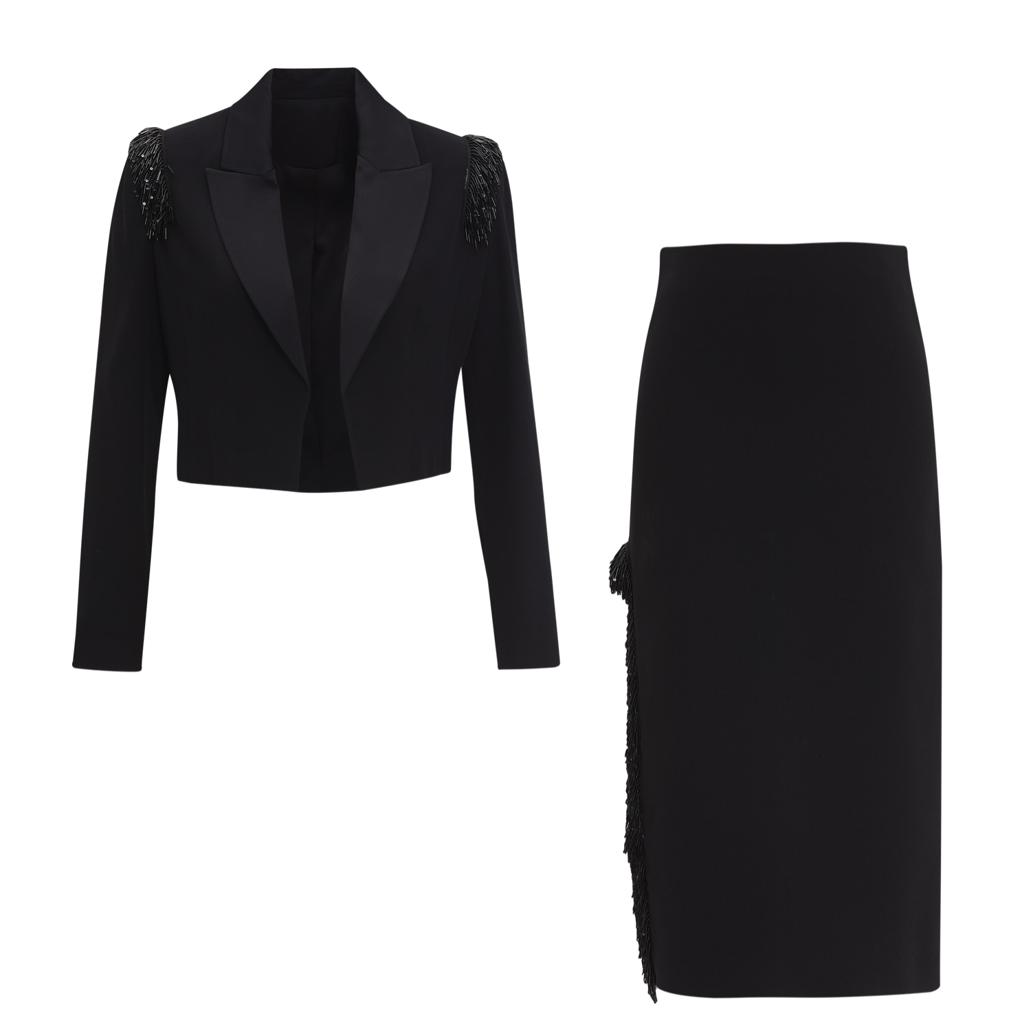 By Felizia Black Embellished Crop Blazer & Cut-out Midi Skirt Co-ord Set In Black