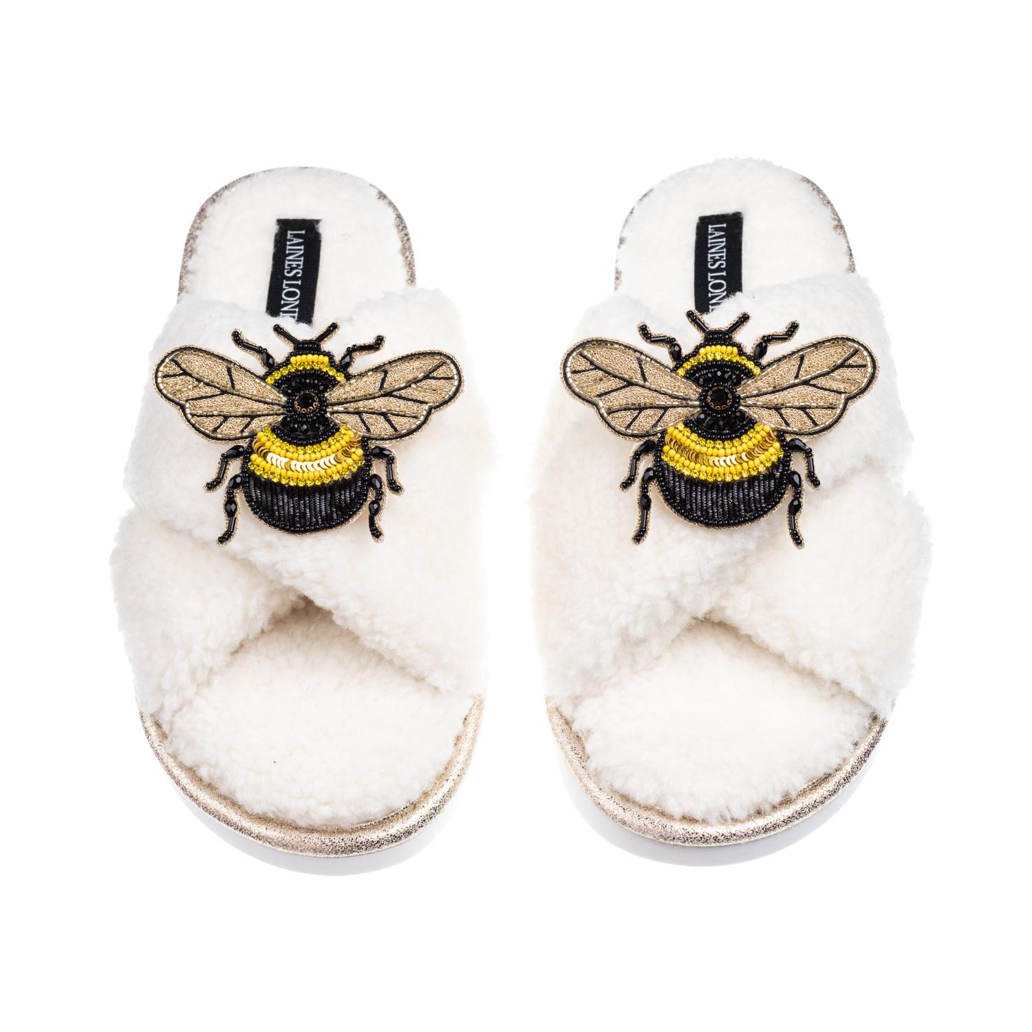 Laines London Women's White / Neutrals Laines Neutral Boucle Slippers With Double Honeybee Brooches - Cream