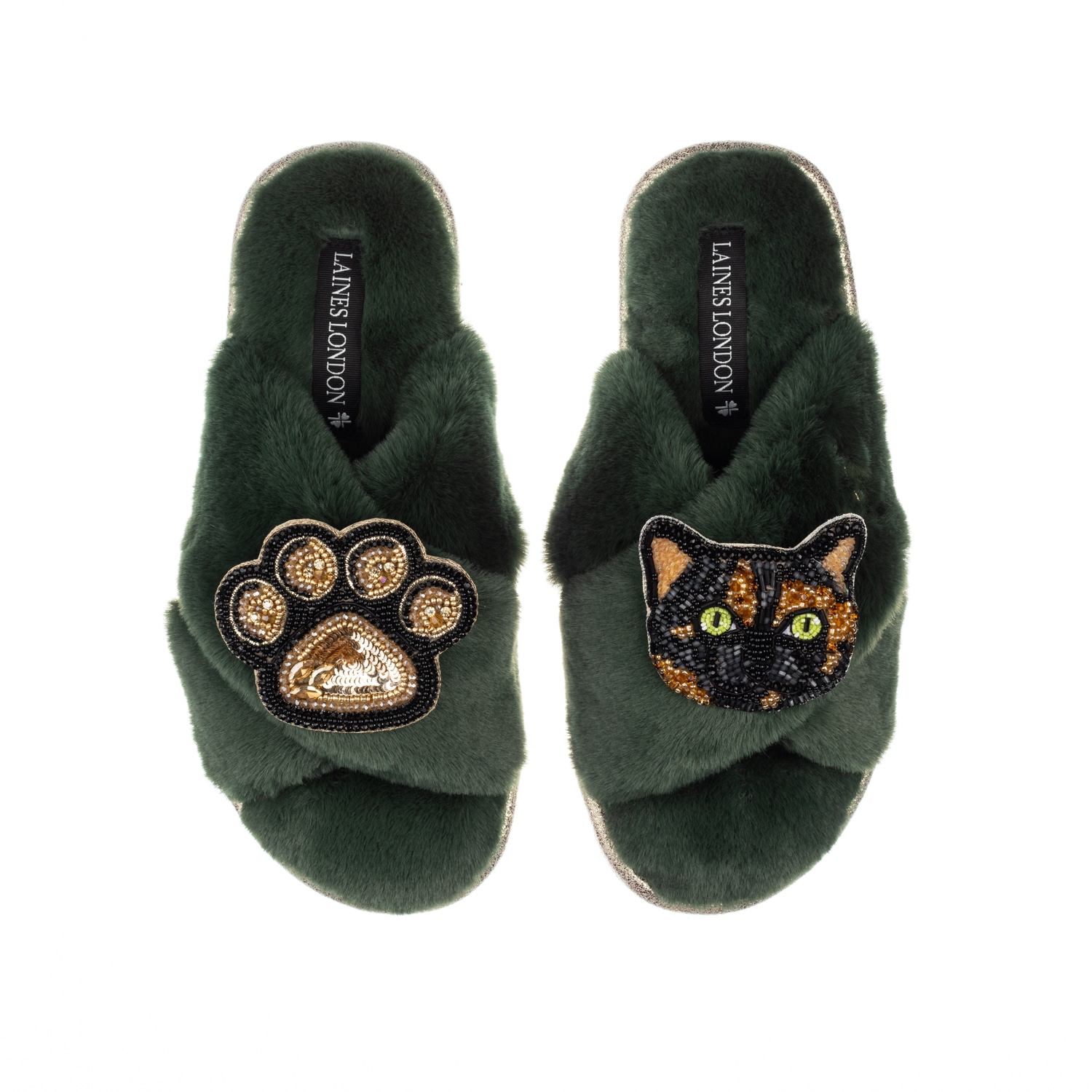 Laines London Women's Classic Laines Slippers With Misty Cat & Paw Brooches - Limited Edition Green In Green