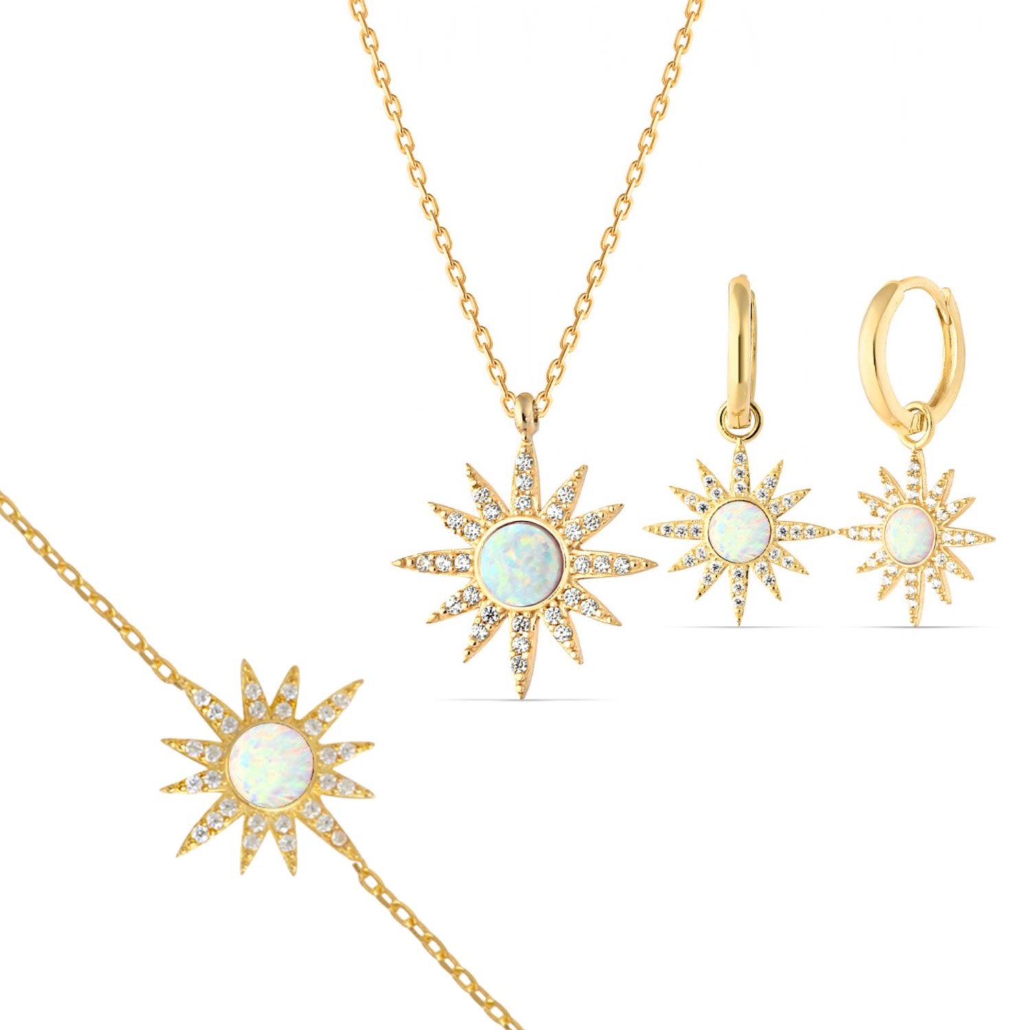 Women’s White Opal Sun Sterling Silver Necklace Earring & Bracelet Set - Gold Spero London