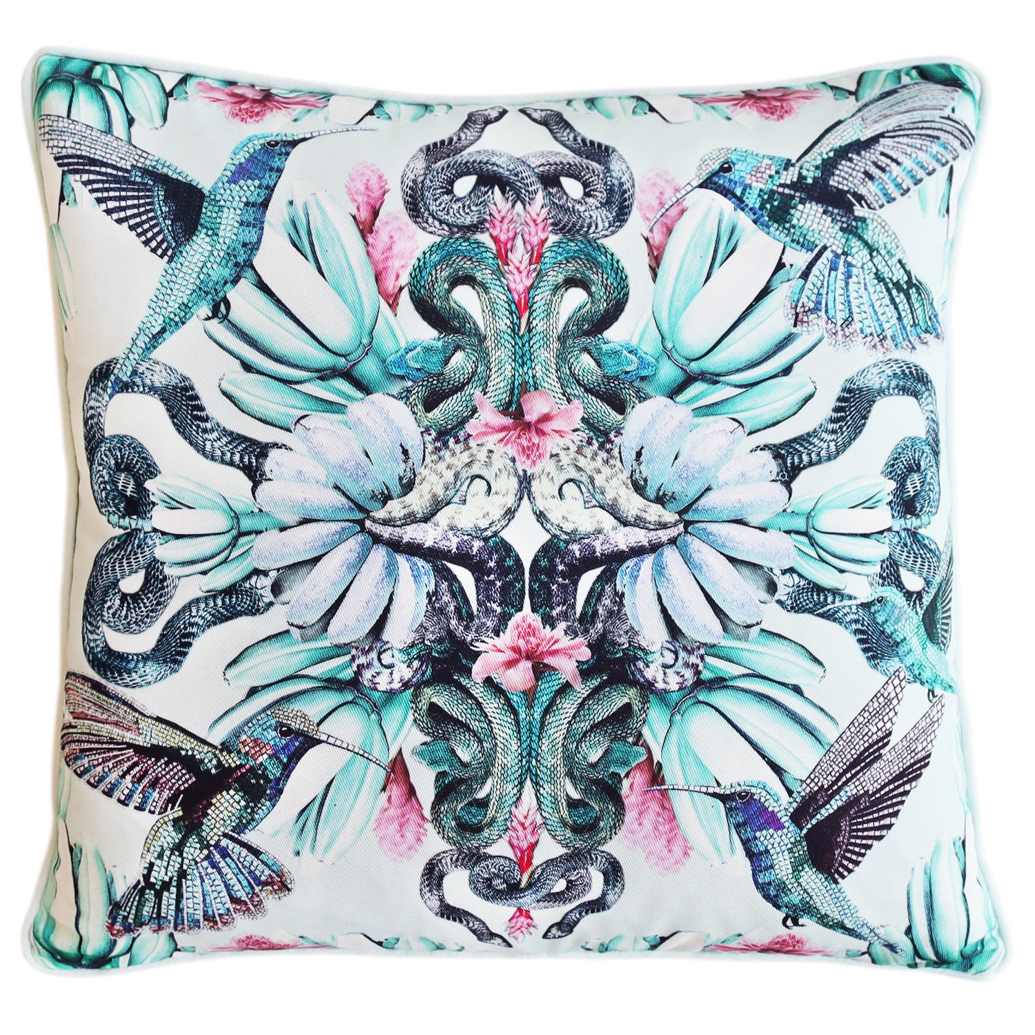 Green / Blue Mosaic Hummingbird And Snake Cotton Cushion Cassandra Hone