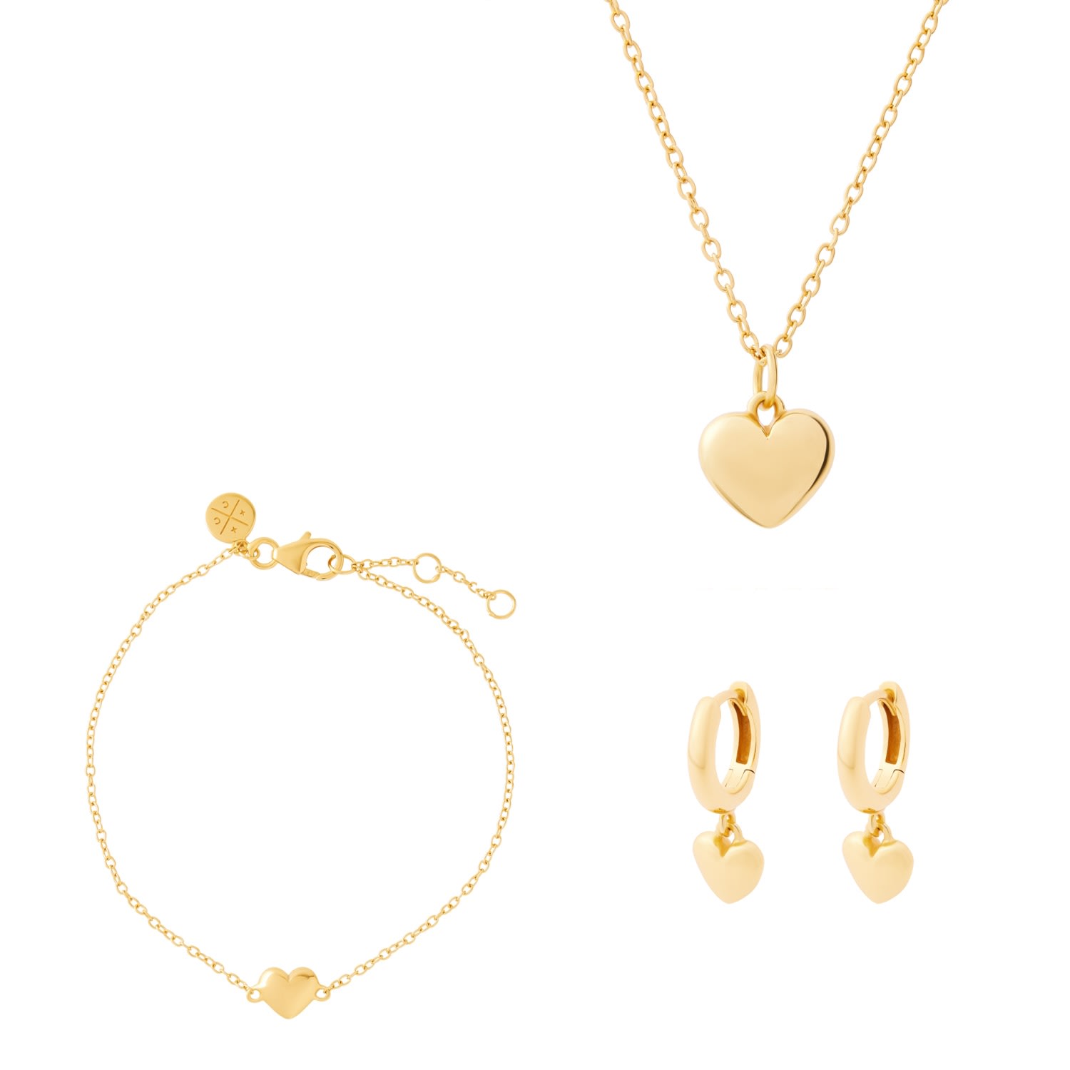 Women’s Puffed Heart Necklace, Bracelet And Huggies Gold Cartilage Cartel