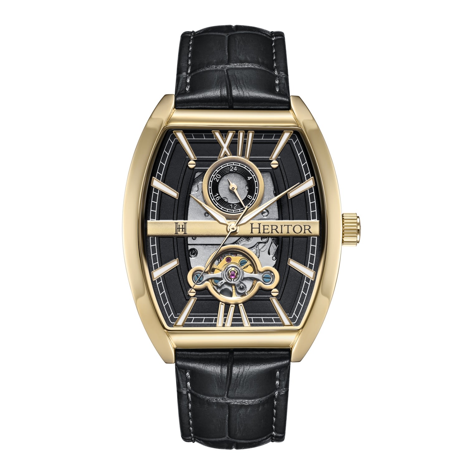 Heritor Automatic Men's Black / Gold Masterson Semi-skeleton Leather-band Watch - Black, Gold In Black/gold
