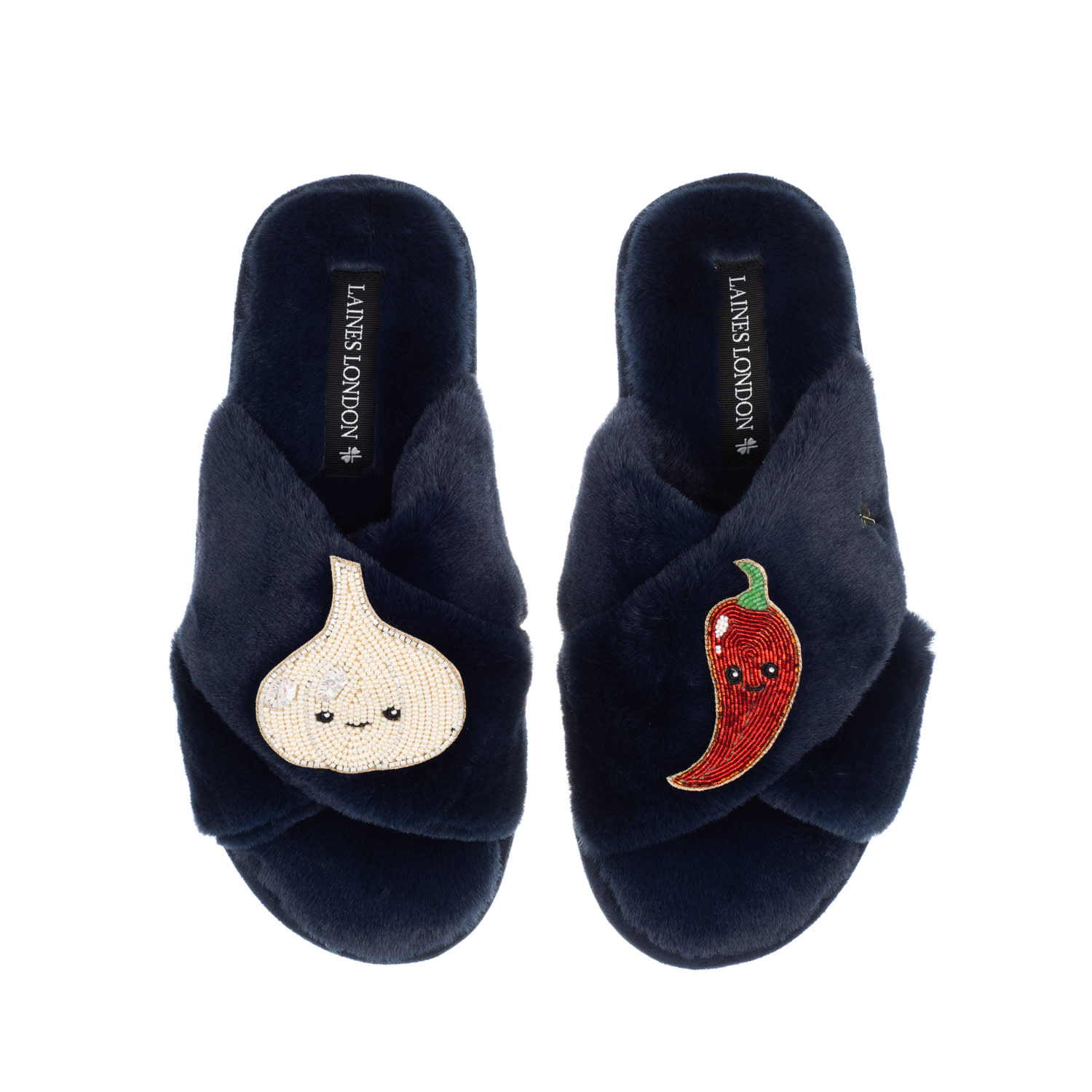 Laines London Women's Blue Classic Slippers With Laines Loveables Garlic & Chilli Brooches - Navy In Blue