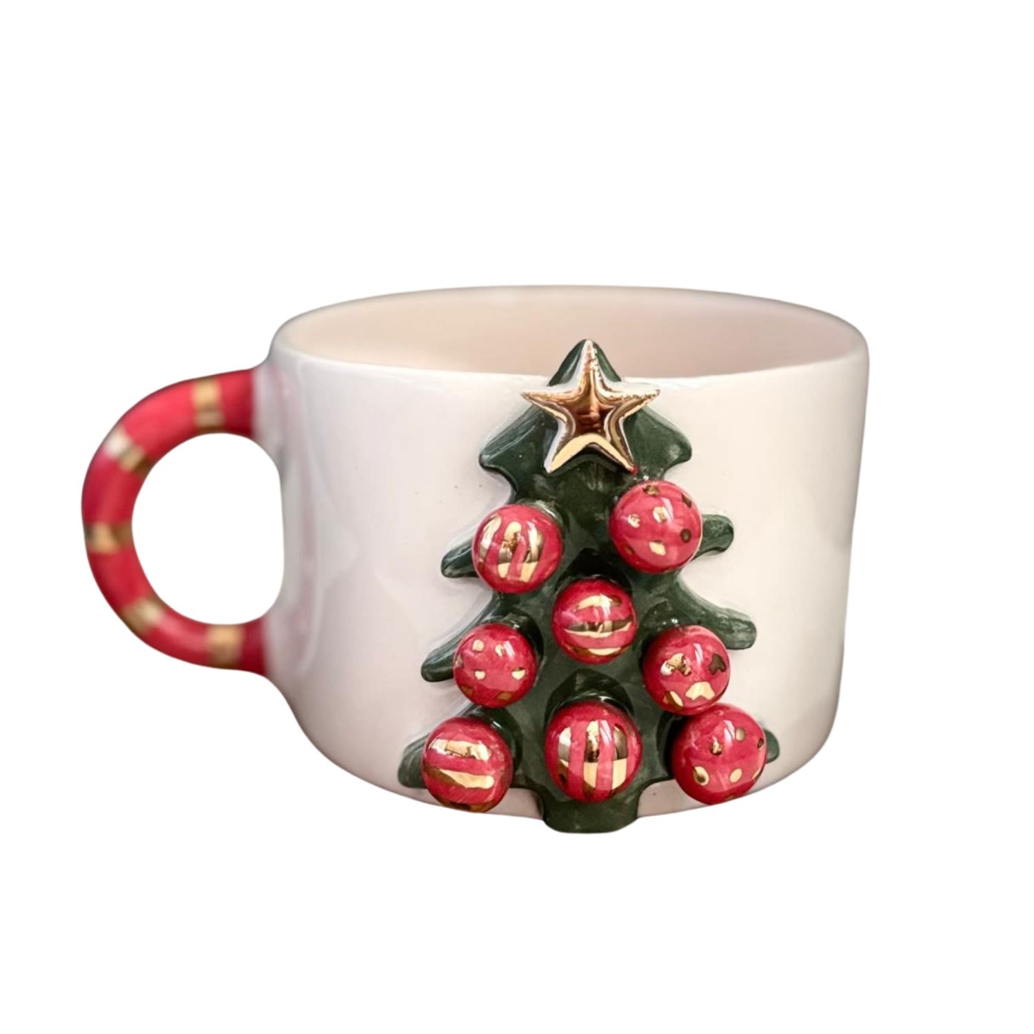 Anatoliacraft Green / Red Handcrafted Christmas Tree Ceramic Mug With Real Gold Detailing & Festive Ornaments