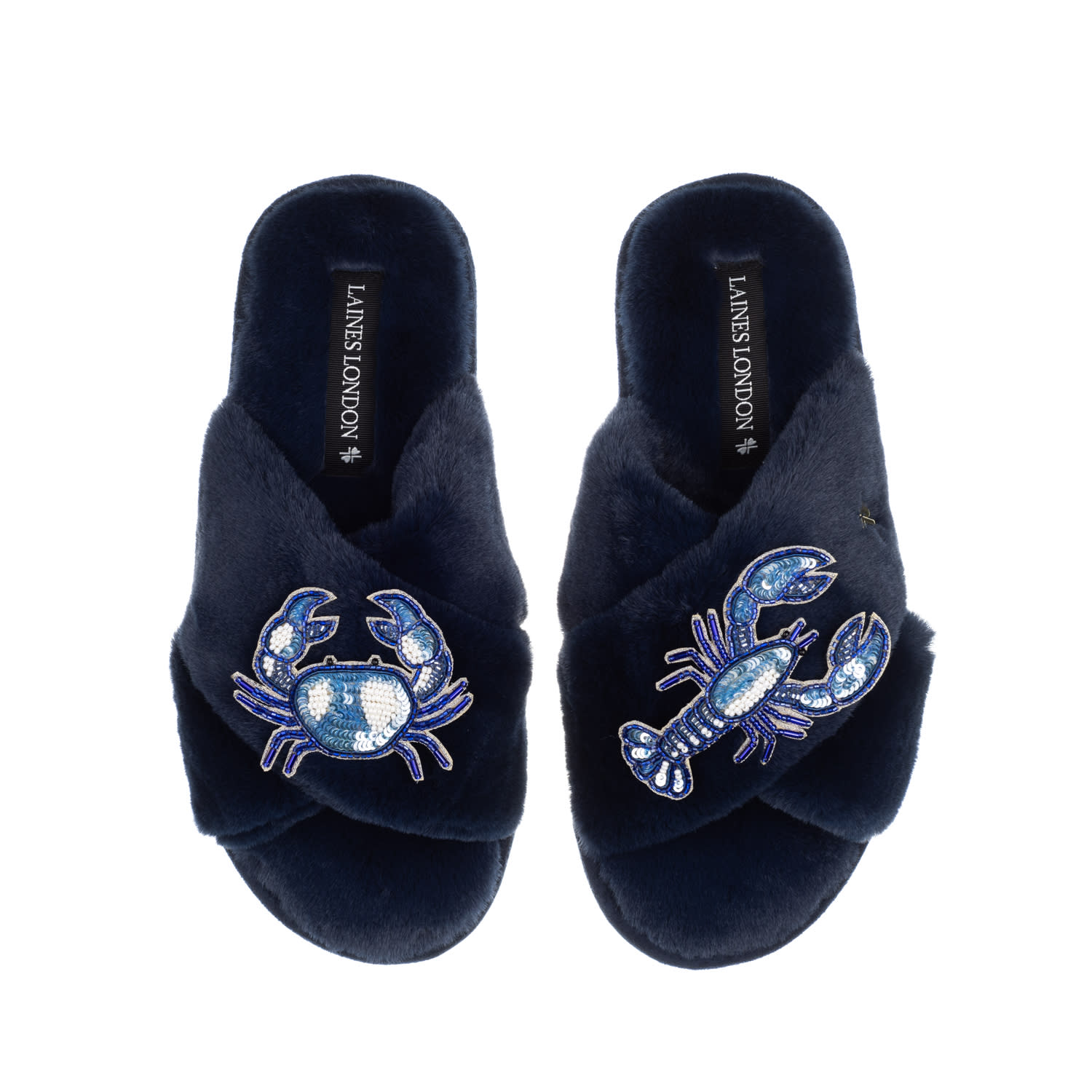 Laines London Women's Classic Laines Slippers With Mediterranean Blue Crab & Lobster Brooches - Navy In Blue