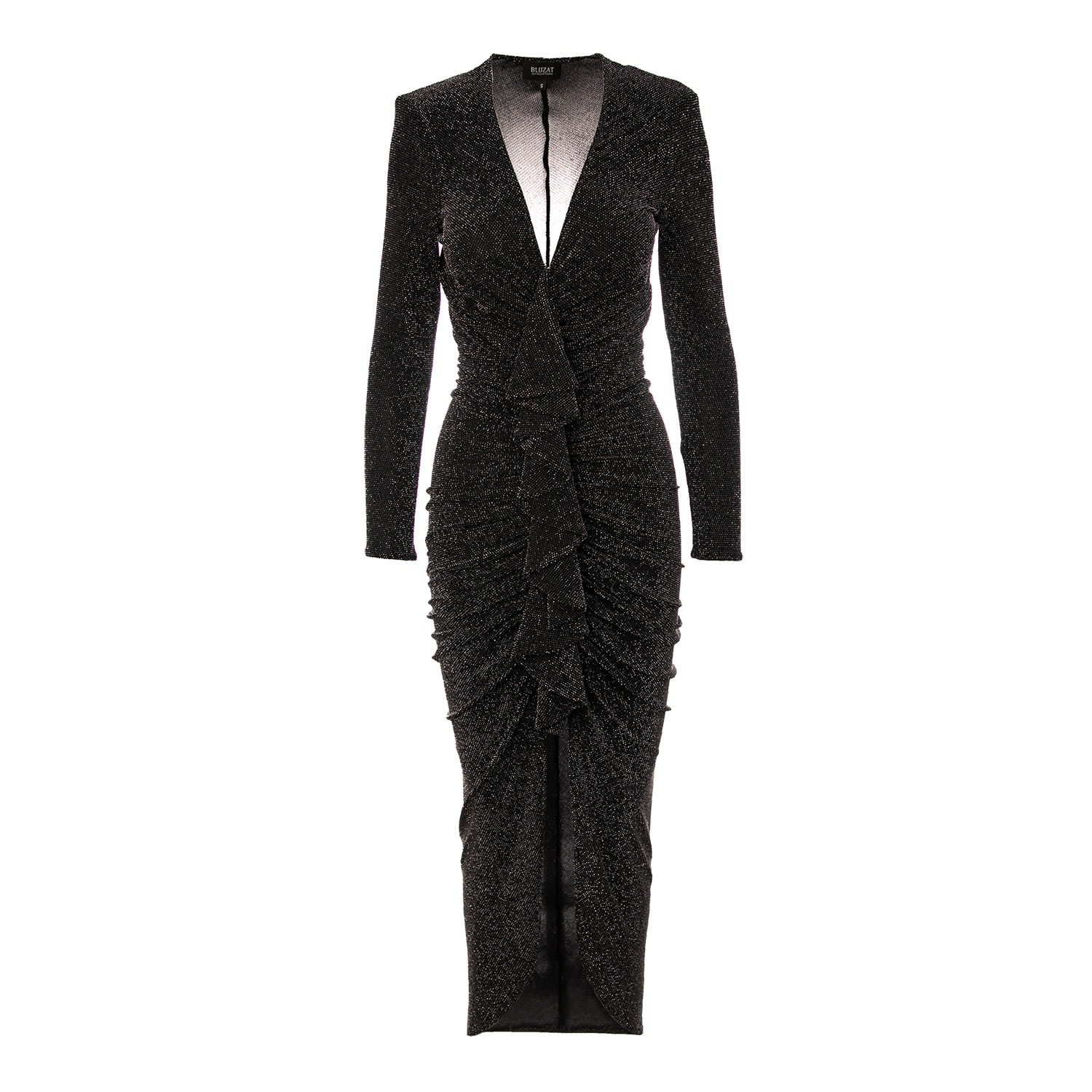 Bluzat Women's Black Maxi Dress With Silver Inserts And Ruffle In Black