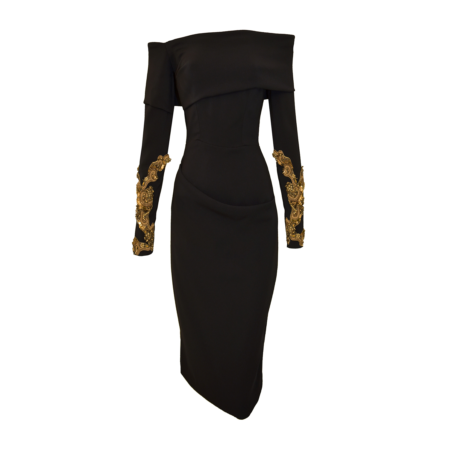 Alina Cernatescu Orsini Midi Dress Long Sleeve, Off-the-shoulder, Embroidered - Black
