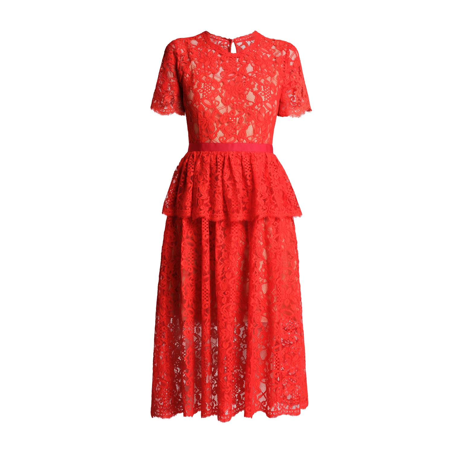 Rumour London Women's Red Lucia Lace Midi Dress With Peplum In Scarlet In Red