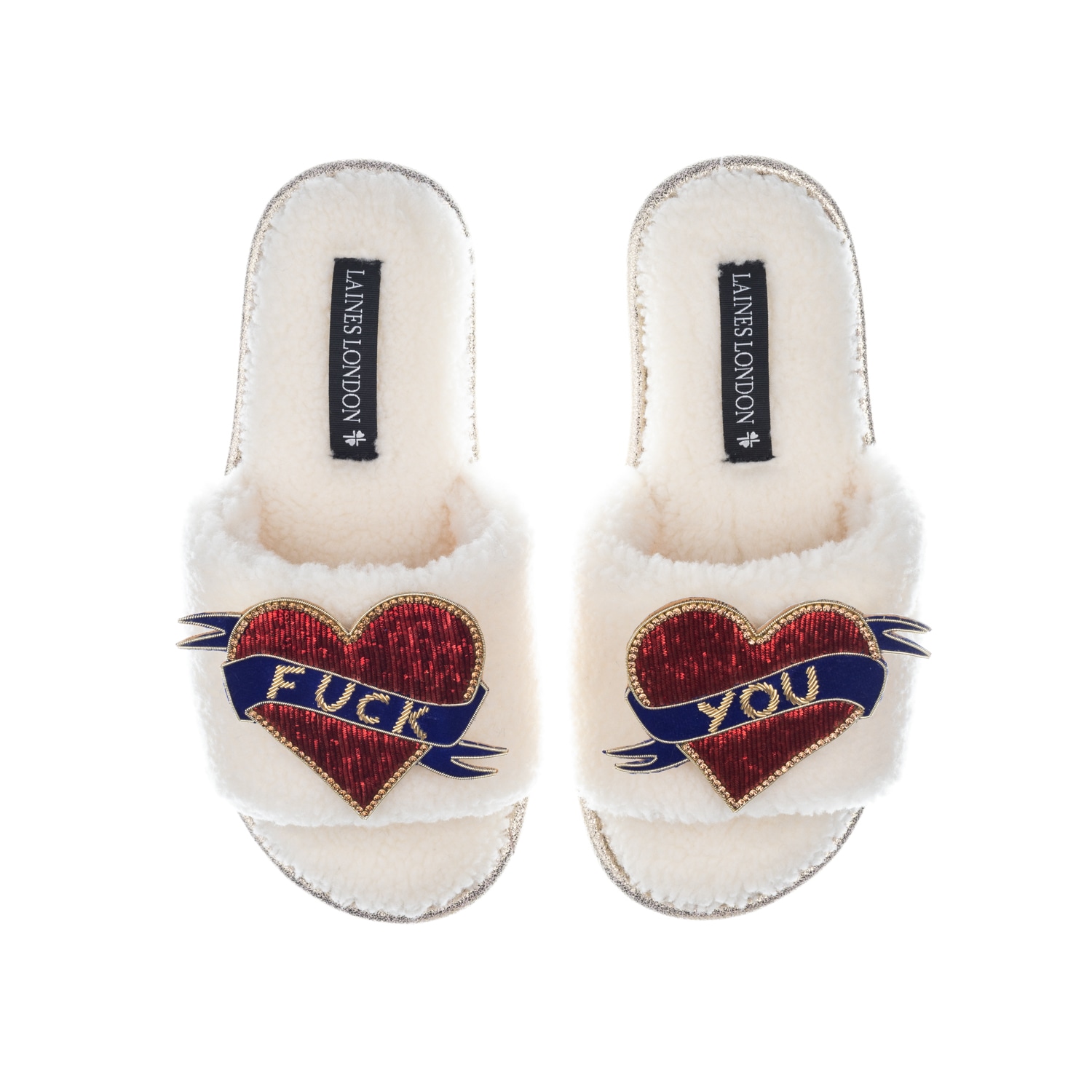 Laines London Women's White Teddy Toweling Slipper Sliders With Fuck You Brooches - Cream In White