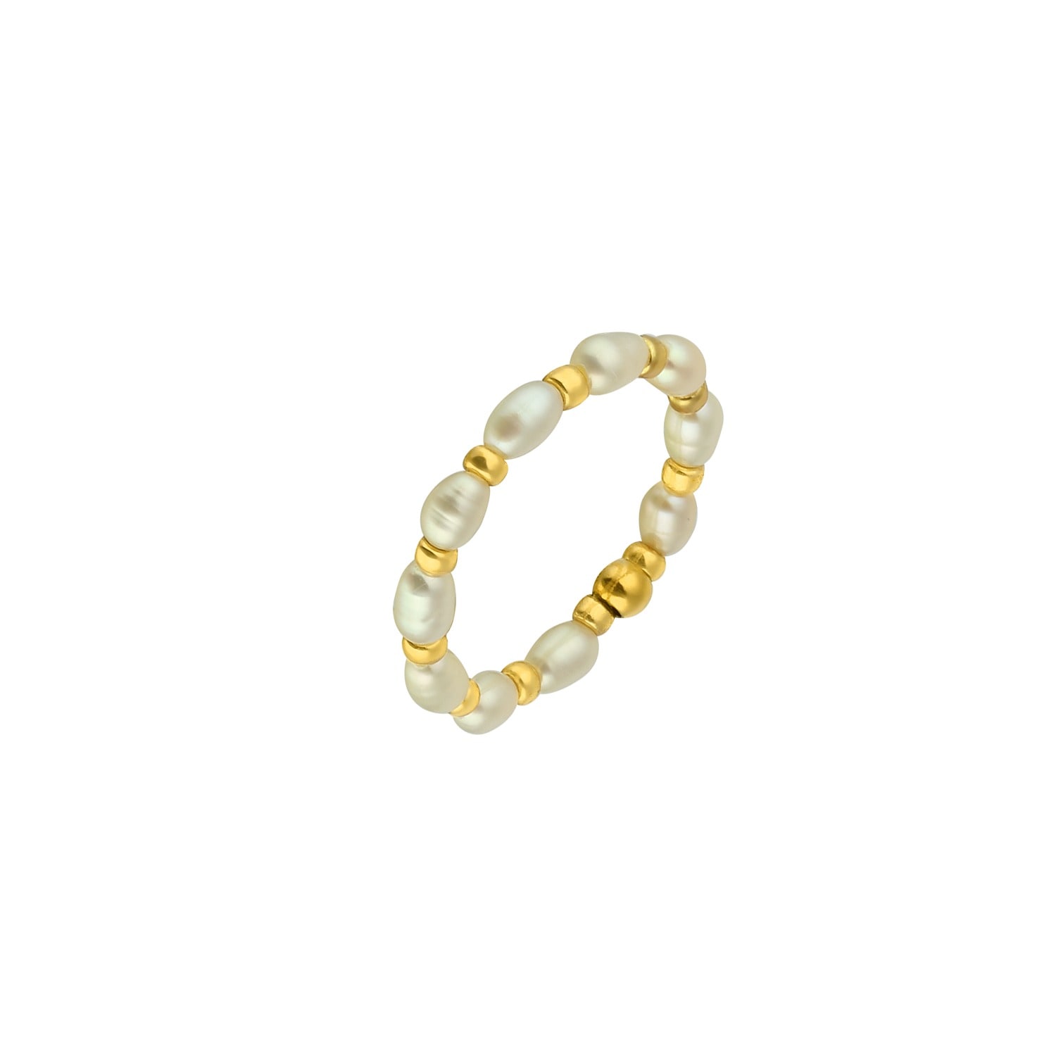Musebox London Women's White Freshwater Pearl With Gold Bead Detail All Around Elastic Ring