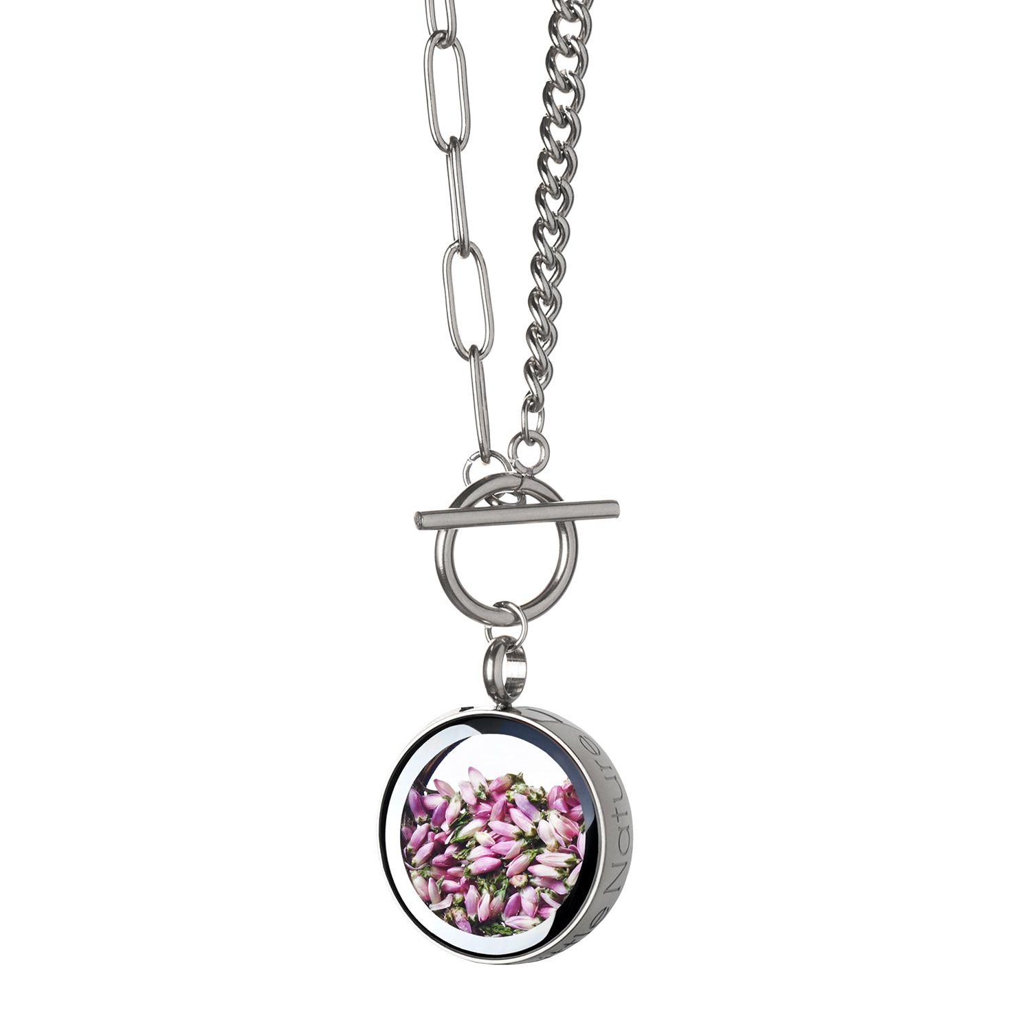 My Little Nature Women's Pink / Silver Real Scottish Heather Necklace With Stainless Steel Toggle Chain In Multi