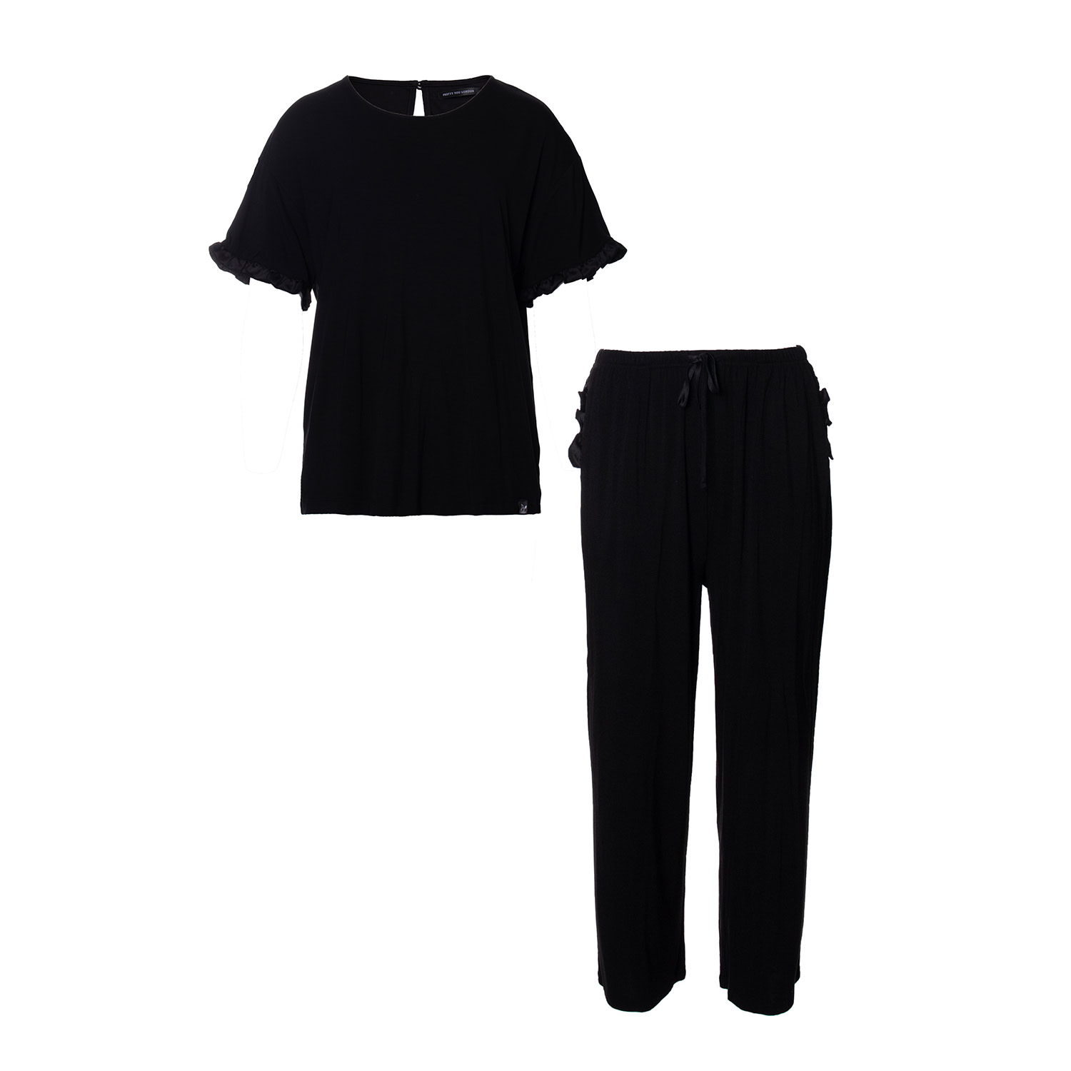 Pretty You Women's Bamboo Frill Tee Trouser Set In Black