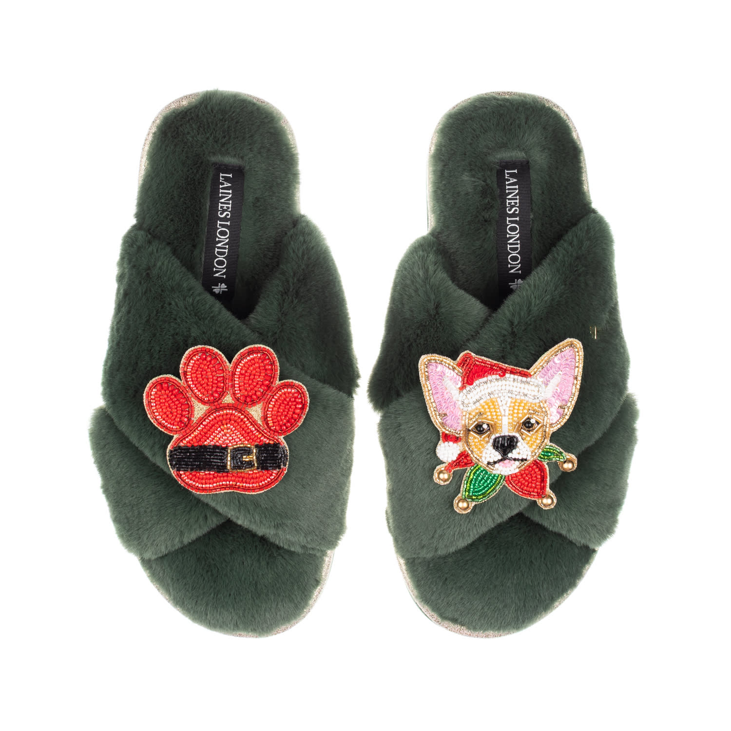 Laines London Women's Classic Slippers With Christmas Chihuahua & Paw Brooches - Limited Edition Green In Green
