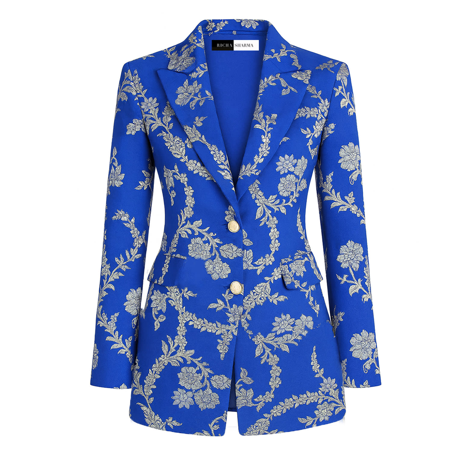 Richa Sharma Blue / Silver Luxury Royal Blue Brocade Women's Blazer Set With Silver Embroidery In Blue