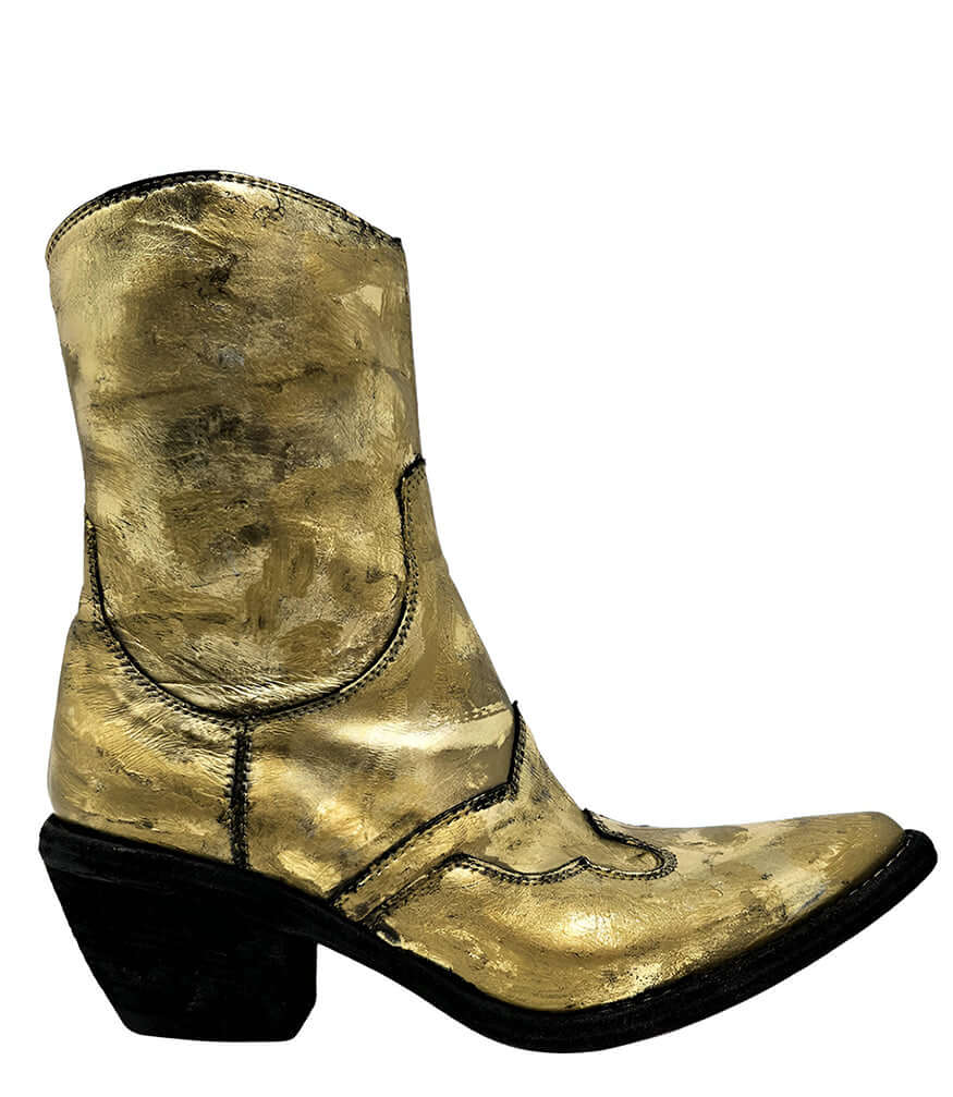 Madison.maison Women's Gold Laminated Pointy Toe Ankle Boot