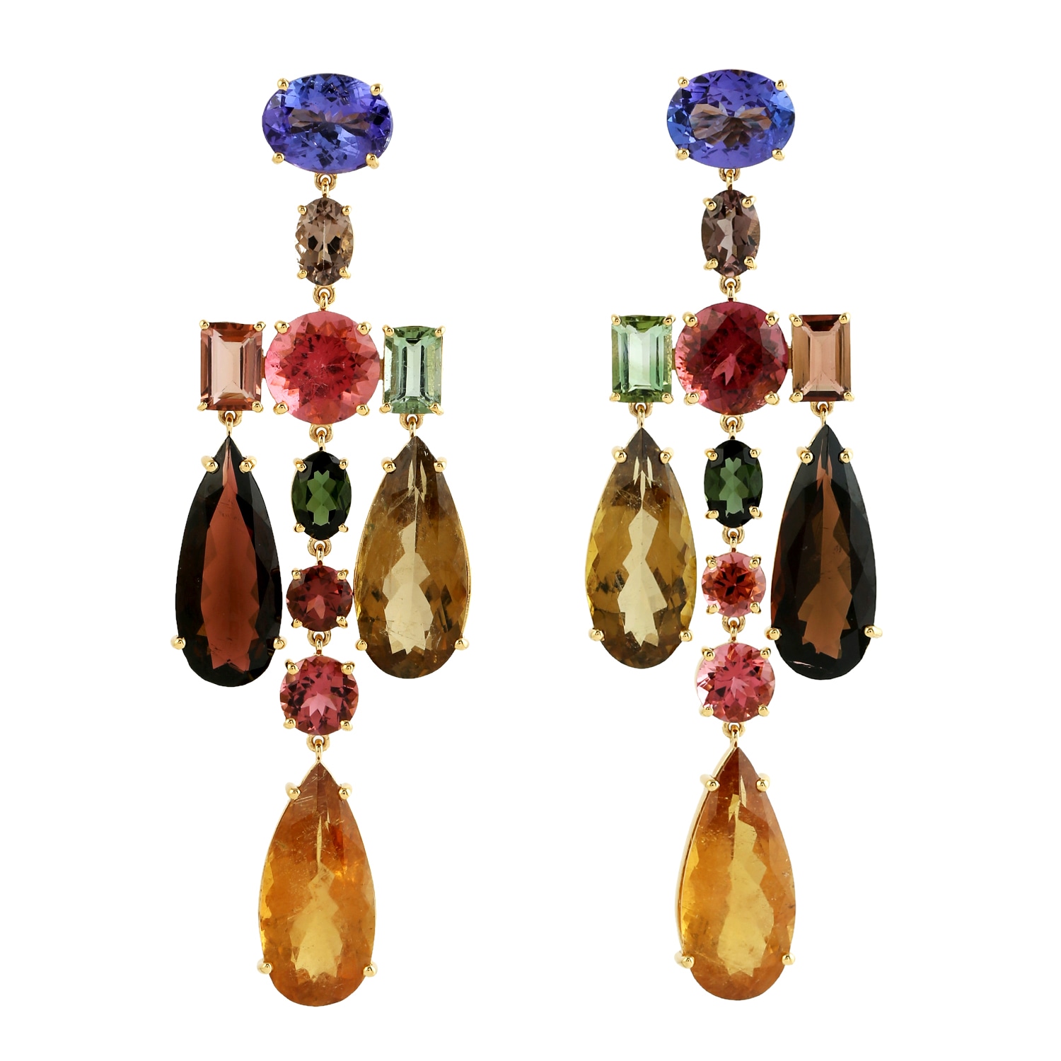 Women’s 18K Yellow Gold In Rainbow Tourmaline & Tanzanite Gemstone Tutti Frutti Chandelier Earrings Artisan