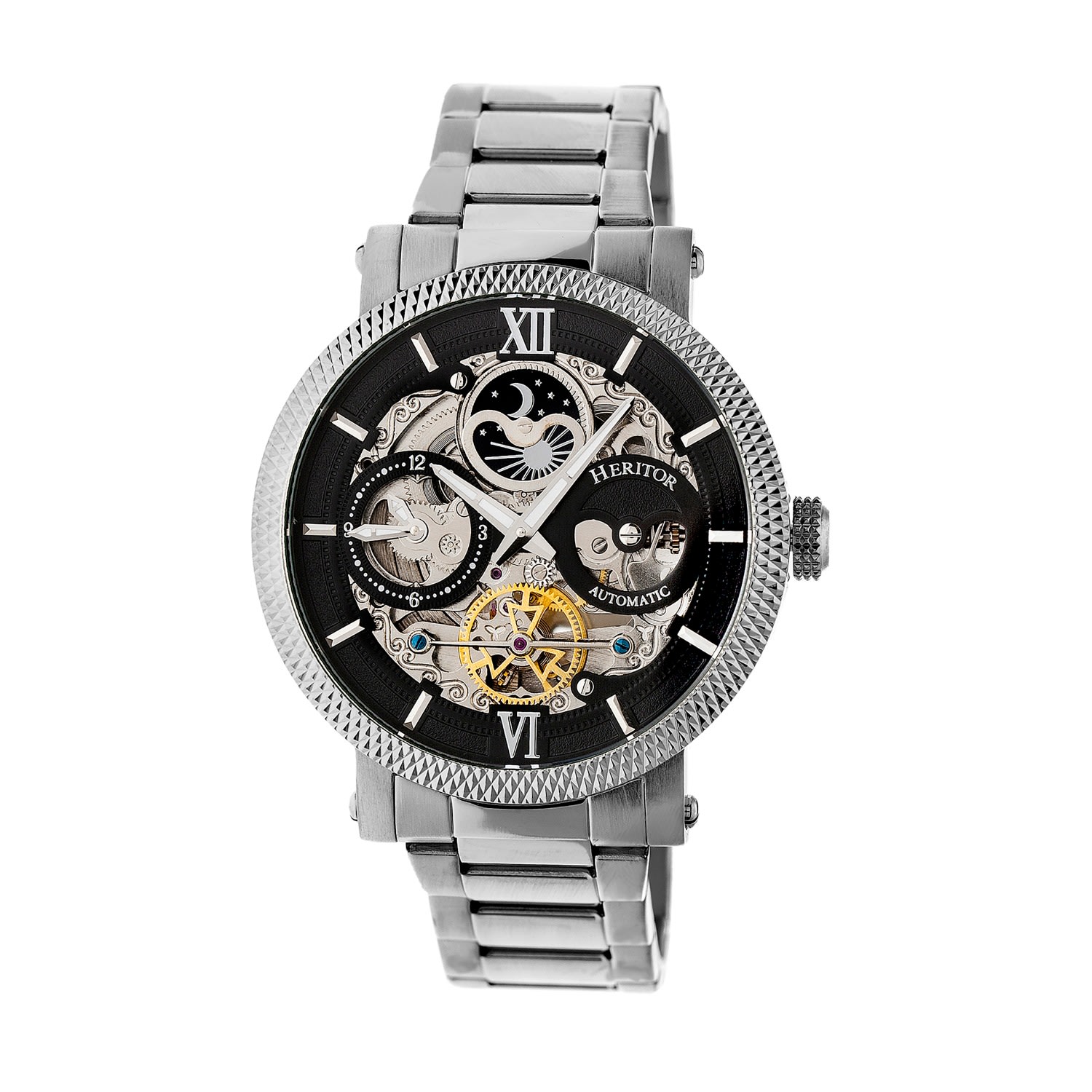 Men’s Black / Silver Aries Skeleton Bracelet Watch With Moon Phase - Black, Silver Heritor Automatic