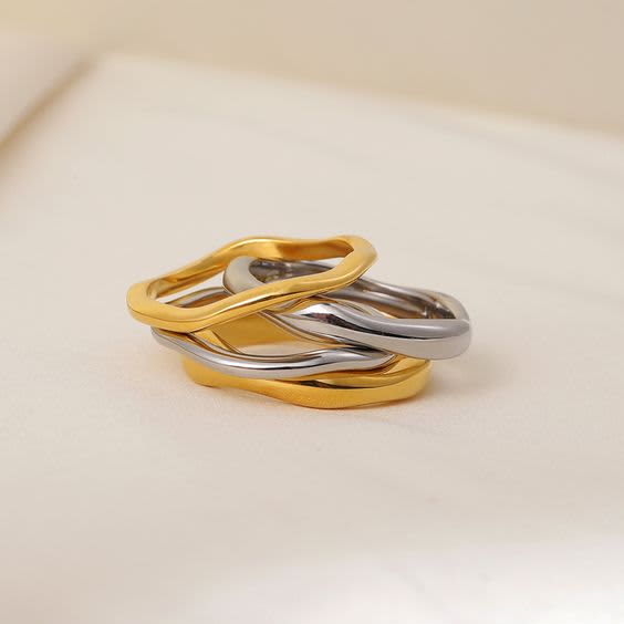 指輪・リング Basic Two Tone Ring #3402 Two Tone Double Stacked Irregular Rings - Thick Gold | MG