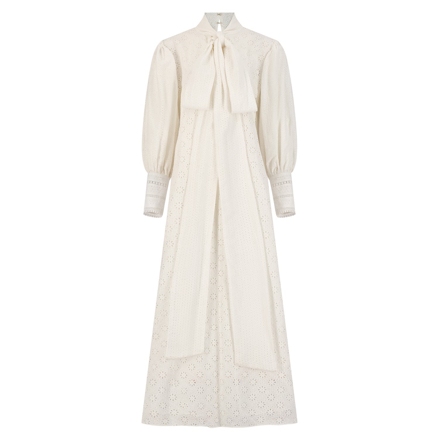 Azzalia Women's Fleuri  Eyelet Maxi Dress With High Neck Tie- White In White
