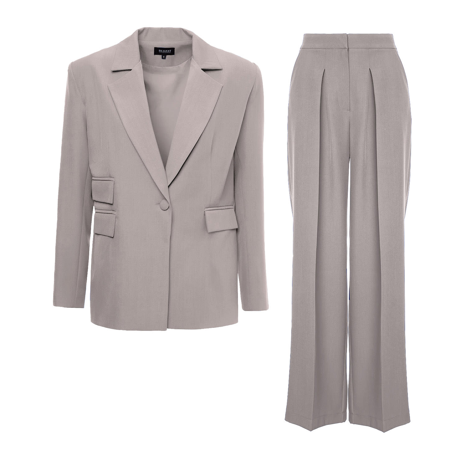 Bluzat Women's Neutrals Beige Suit With Regular Blazer With Double Pocket And Ultra Wide Leg Trousers In Beige