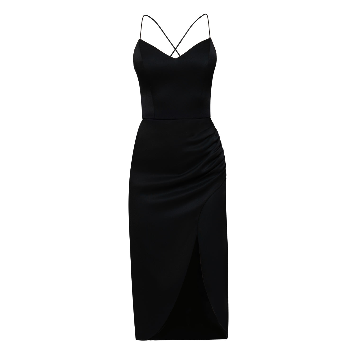 Women’s Selena Black Satin Midi Dress With Straps And Draped Skirt Medium Nomi Fame