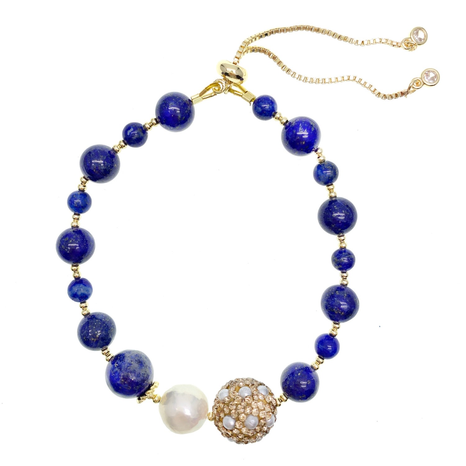 Farra Women's Blue Lapis With Rhinestone And Freshwater Pearl Bracelet