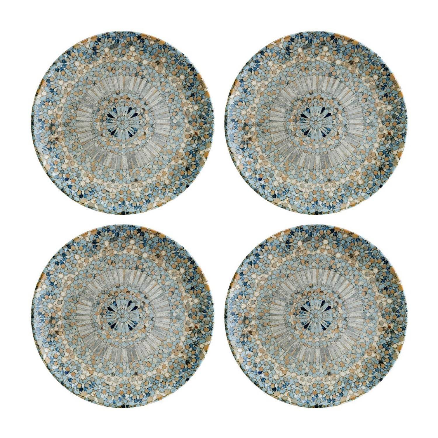 Turgla Home Neutrals / Blue Luca Mosaic Matte Round Decorated Porcelain Plate Set Of Four