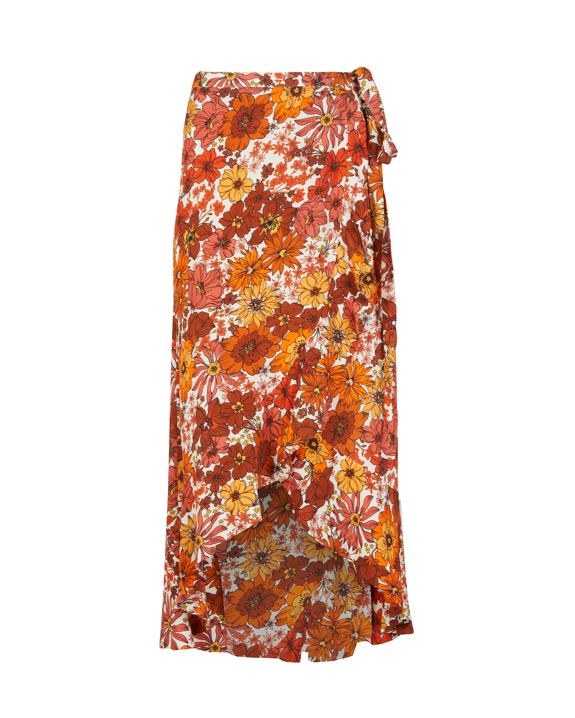 Lavaand Women's The Maya Midi Wrap Skirt In Brown & Oraange Vintaage Floral In Brown