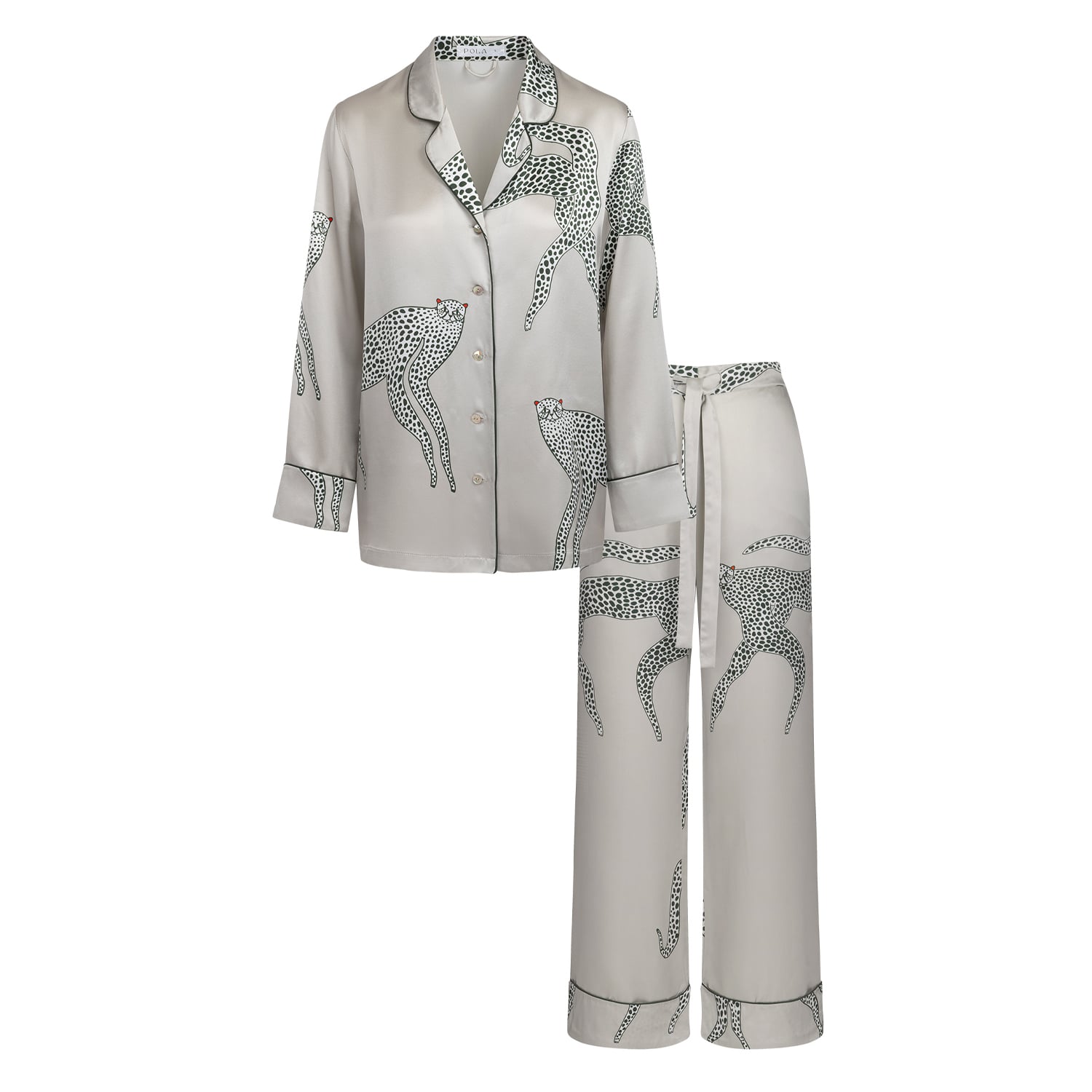 Pola Women's Grey / White / Green Grey Natural Silk Long Pajama Set In Multi
