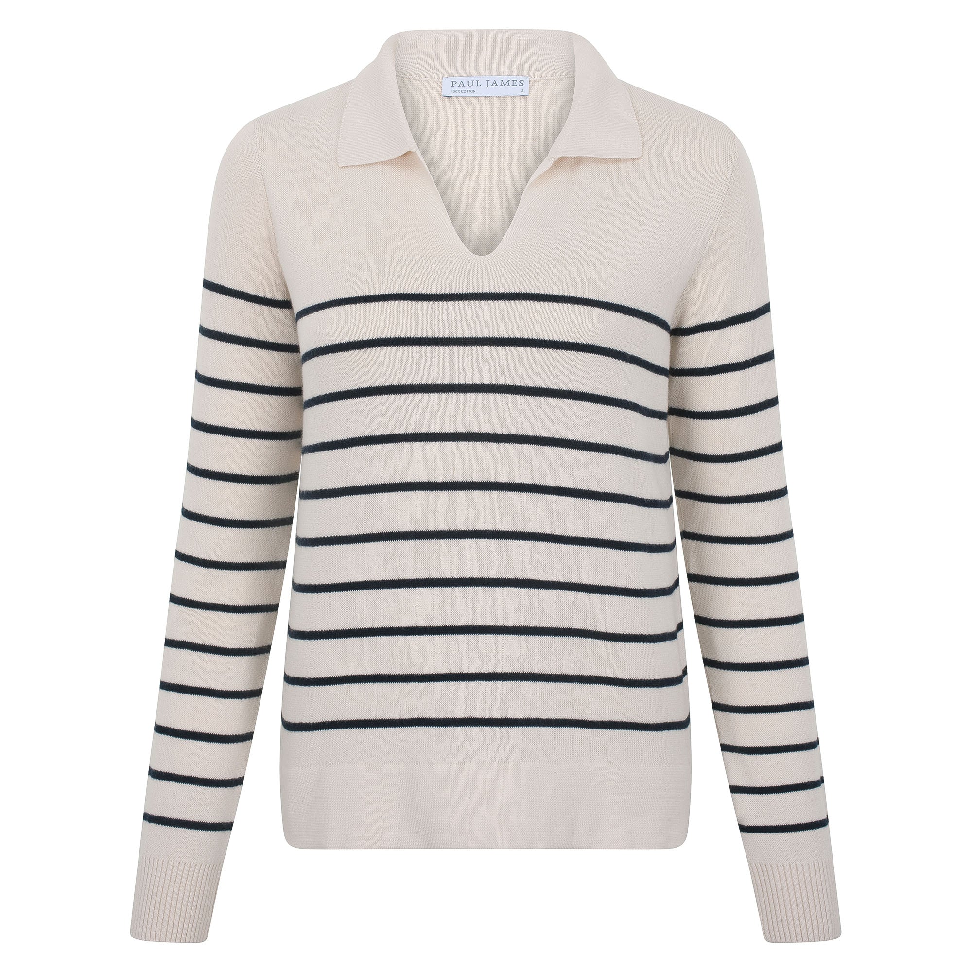 Neutrals Womens Lightweight Cotton Colette Open Collar Breton Top - Ecru | Extra Small | Paul James Knitwear