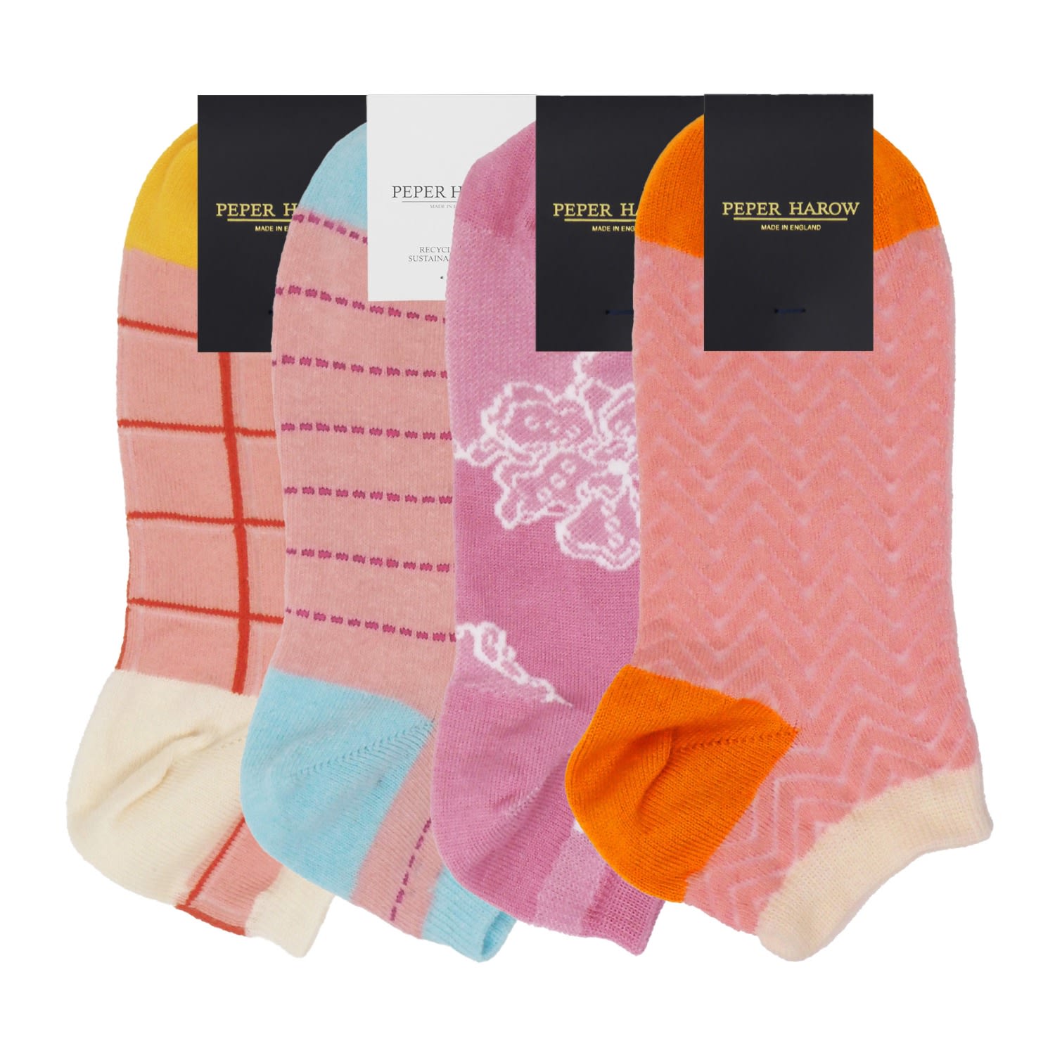 Peper Harow - Made In England Pink Women's Trainer Socks Bundle – Zigzag, Grid, Delicate, Dash