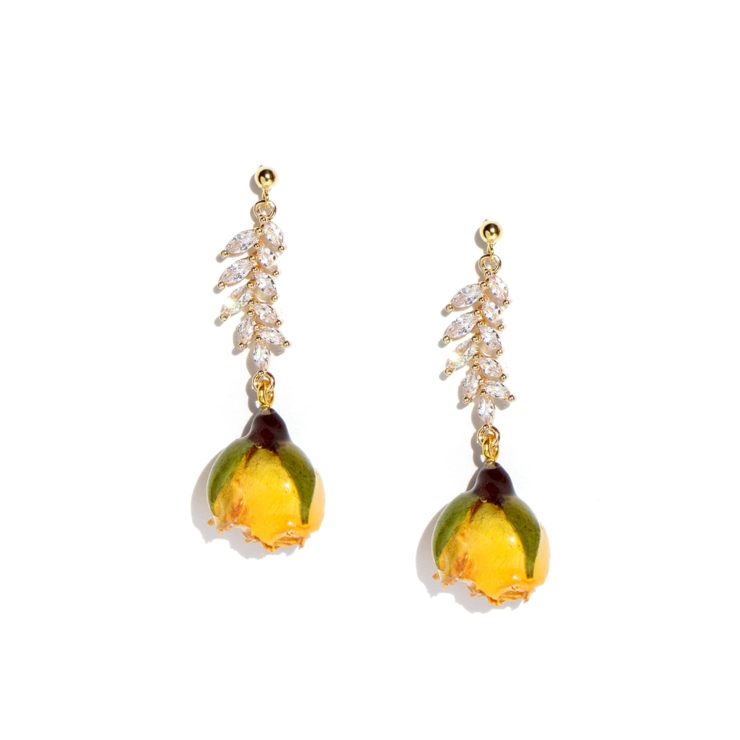 I'mmany London Women's Yellow / Orange Real Flower Rosa Brillante Rosebud Drop Earrings With Crystal Leaves - Yello
