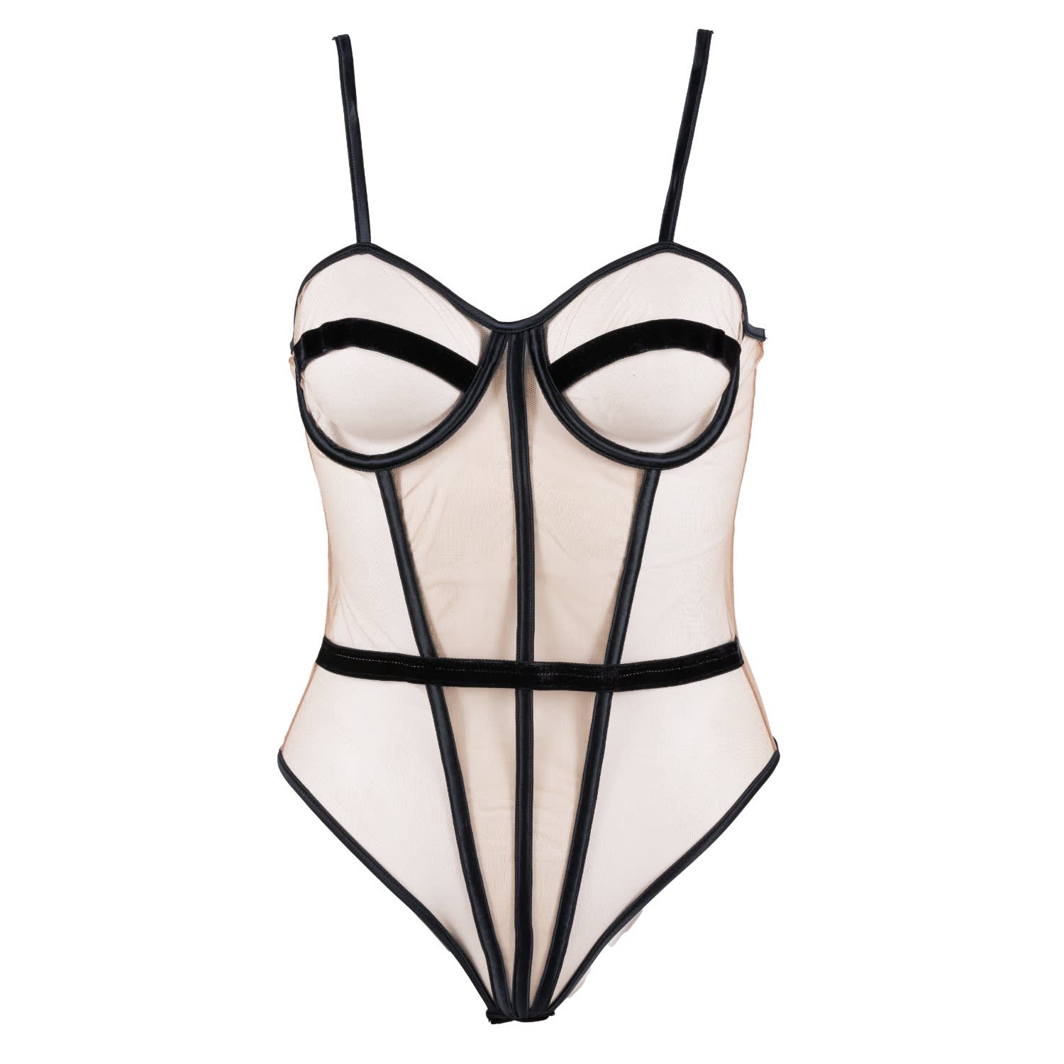 Les Jupons De Tess Women's Neutrals / Black Second Skin Mesh And Velvet Black Bodysuit Zaza Nude And Black In Black