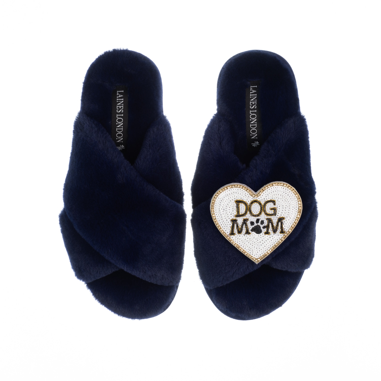 Women’s Blue Classic Laines Slippers With Dog Mum / Mom Brooch - Navy Medium Laines London